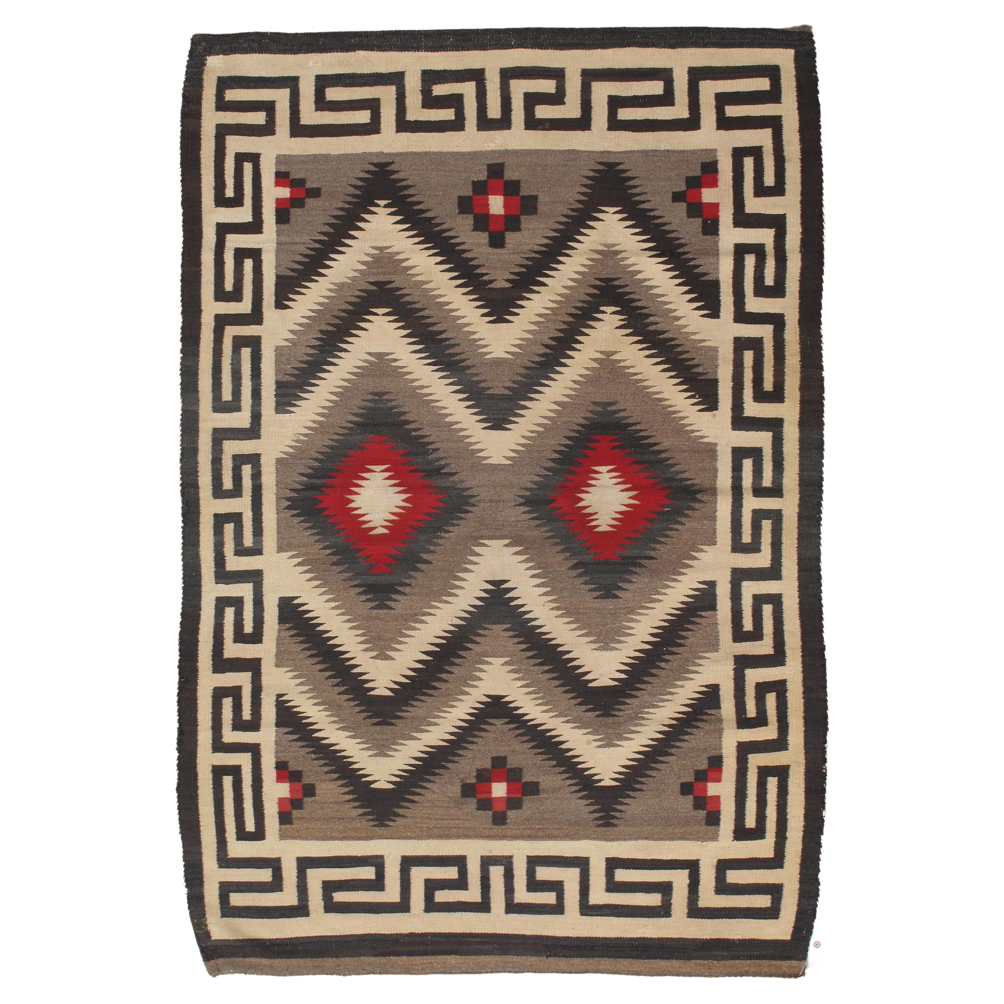 Tapis Navajo vintage, tapis oriental en laine fait à la main, rouge, noir, ivoire, audacieux