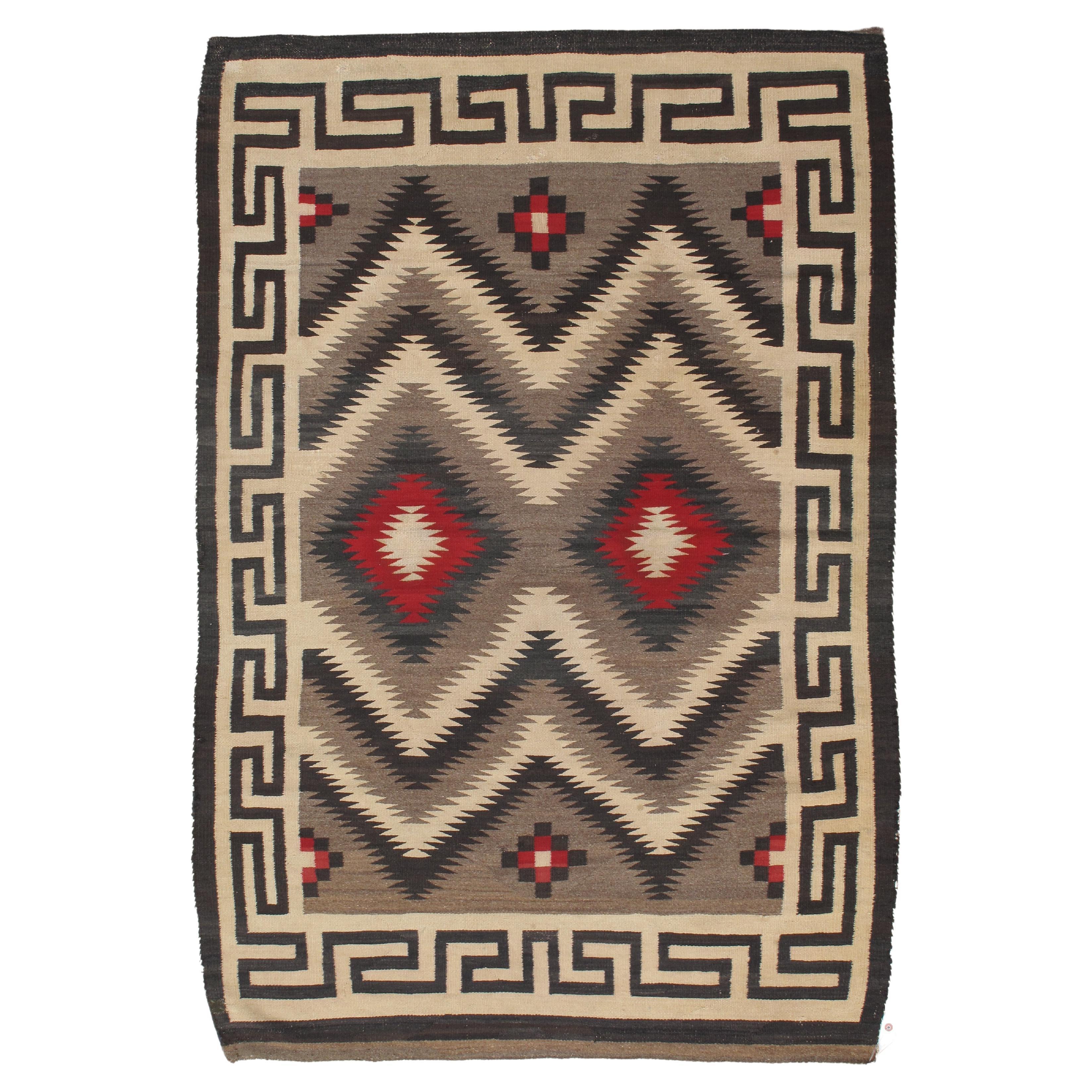 Vintage Navajo Carpet, Oriental Rug, Handmade Wool Rug, Red, Black, Ivory, Bold