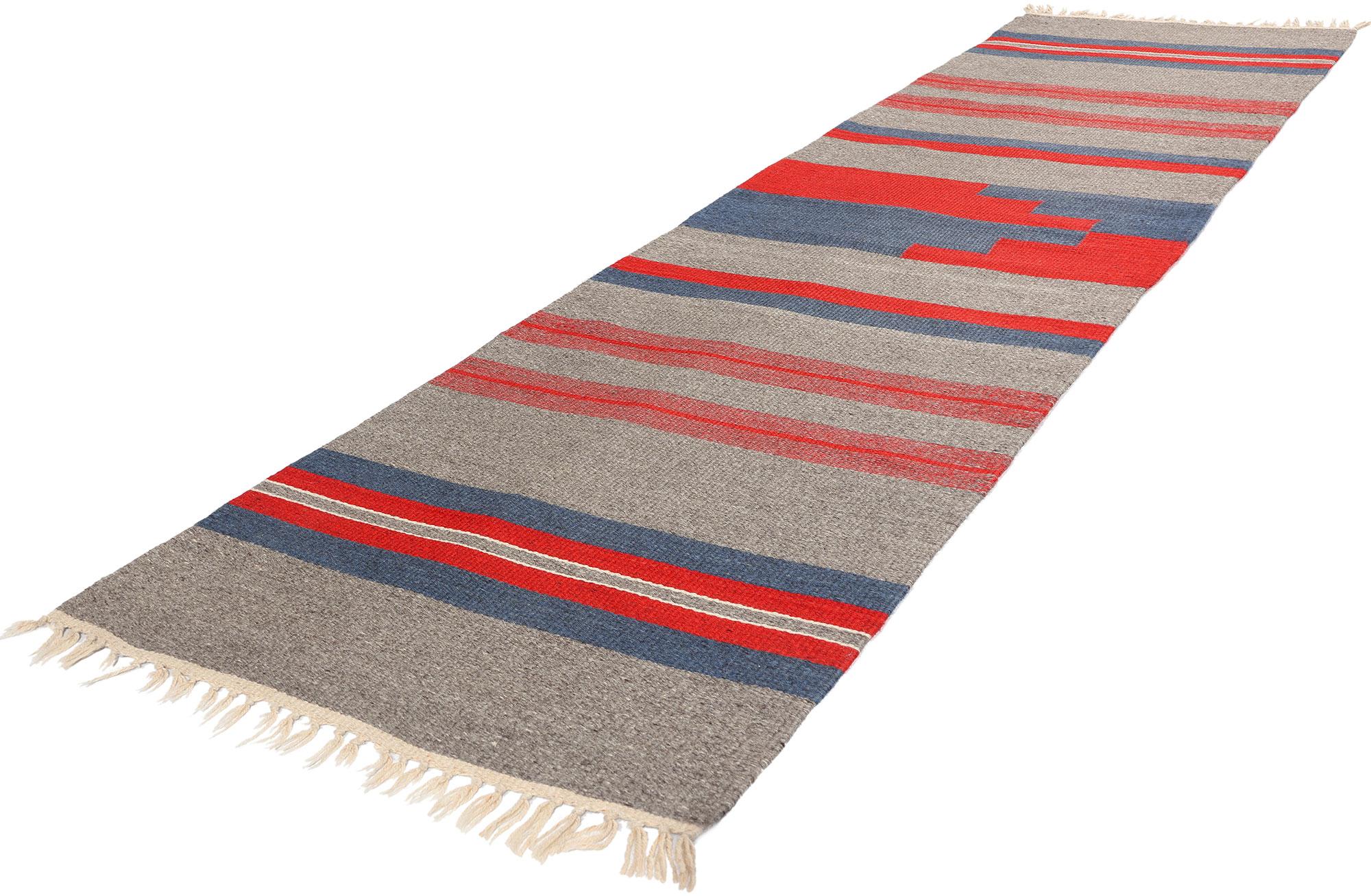 78794 Alfombra de calle Vintage Rio Grande Chimayo, 02'05 x 09'04. Las mantas de bandas de Chimayo de Río Grande son tejidos tradicionales del valle de Río Grande, en Nuevo México, conocidos por sus dibujos de bandas horizontales y sus vibrantes