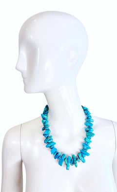 Vintage Navajo Chunky Turquoise Nugget Necklace with Sterling Bench Beads 70s