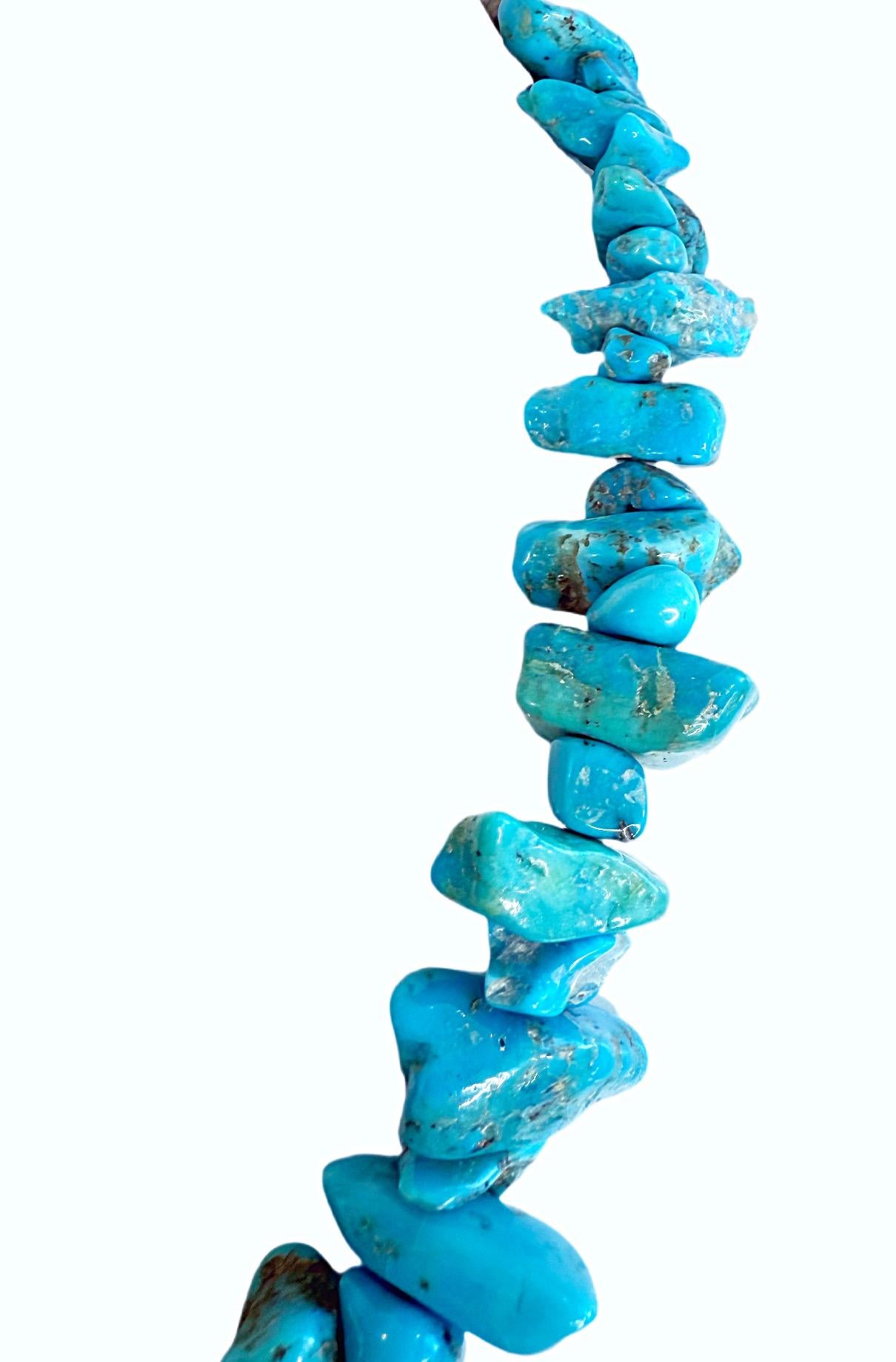 Vintage Navajo Chunky Turquoise Nugget Necklace with Sterling Bench Beads 70s en vente 1