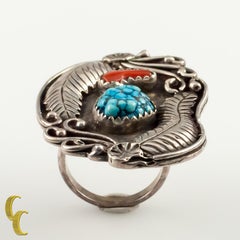 Vintage Navajo Coral & Turquoise Sterling Silver Leaf Ring, Size 4.75