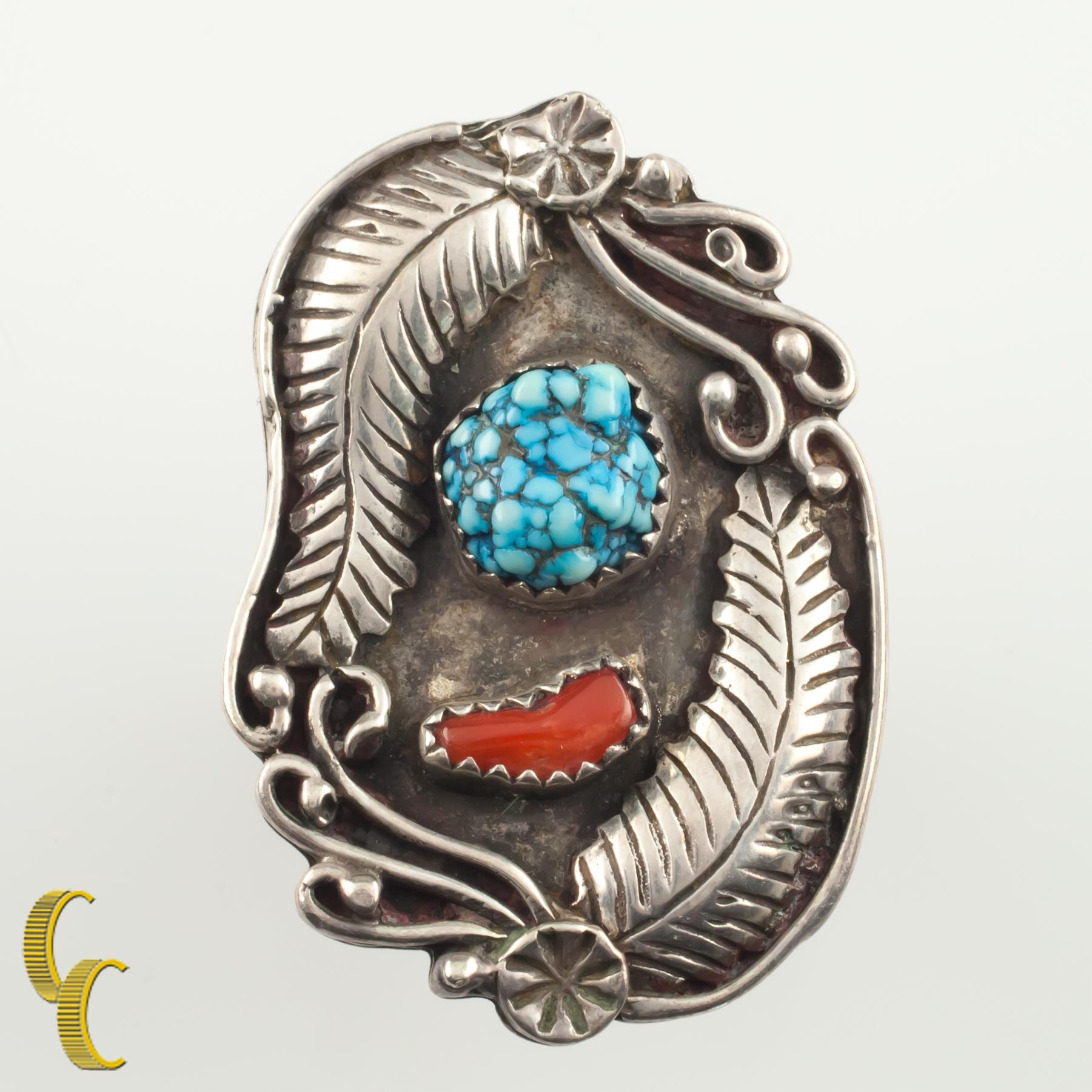 Nativo americano Anello a foglia in corallo e turchese Navajo d'epoca in argento sterling, misura 4,75 in vendita