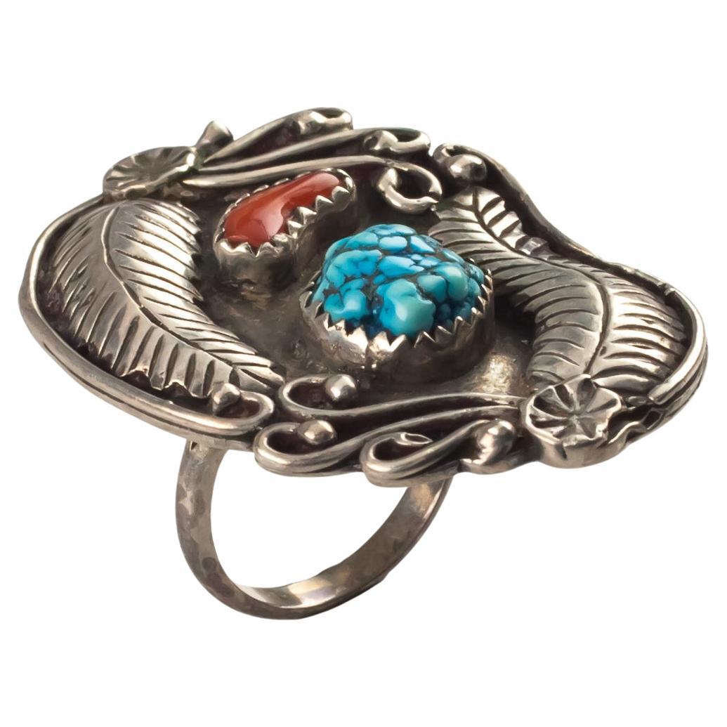 Vintage Navajo Coral & Turquoise Sterling Silver Leaf Ring, Size 4.75