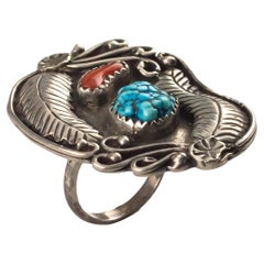 Vintage Navajo Coral & Turquoise Sterling Silver Leaf Ring, Size 4.75