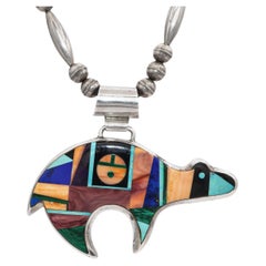 Vintage Navajo Frank Yellowhorse Sterling Silver Multi-Stone Inlay Bear Necklace