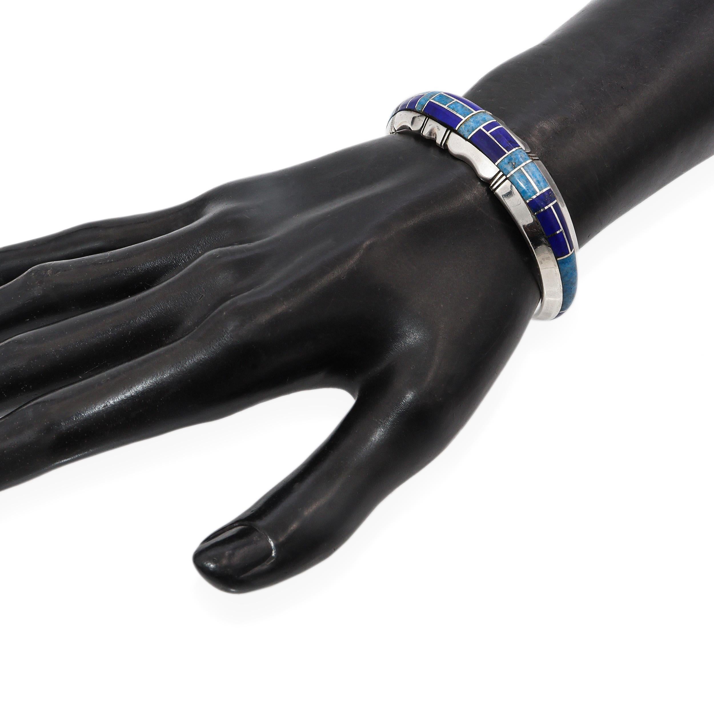 Contemporain Vintage Navajo Gilbert Nelson Sterling Silver Multi-Stone Inlay Cuff Bracelet en vente