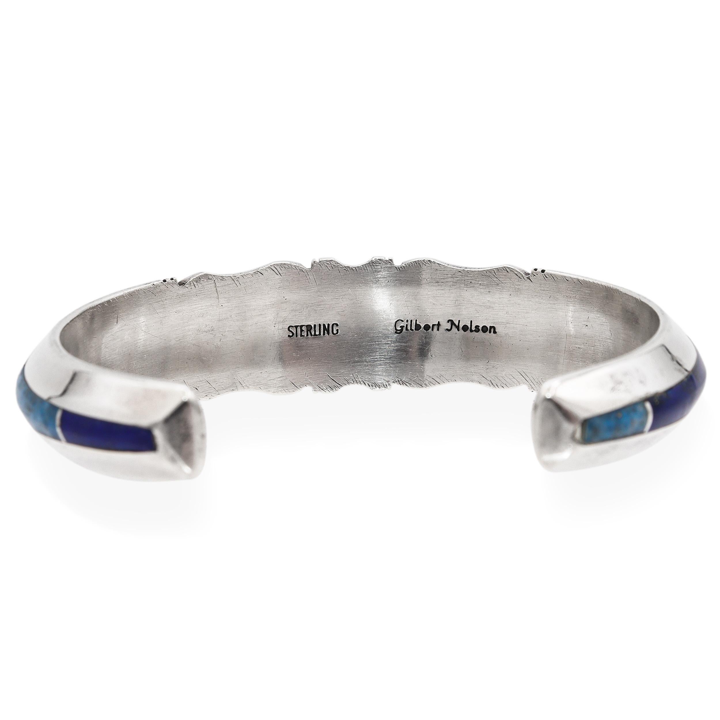 Vintage Navajo Gilbert Nelson Sterling Silver Multi-Stone Inlay Cuff Bracelet Bon état - En vente à New York, NY