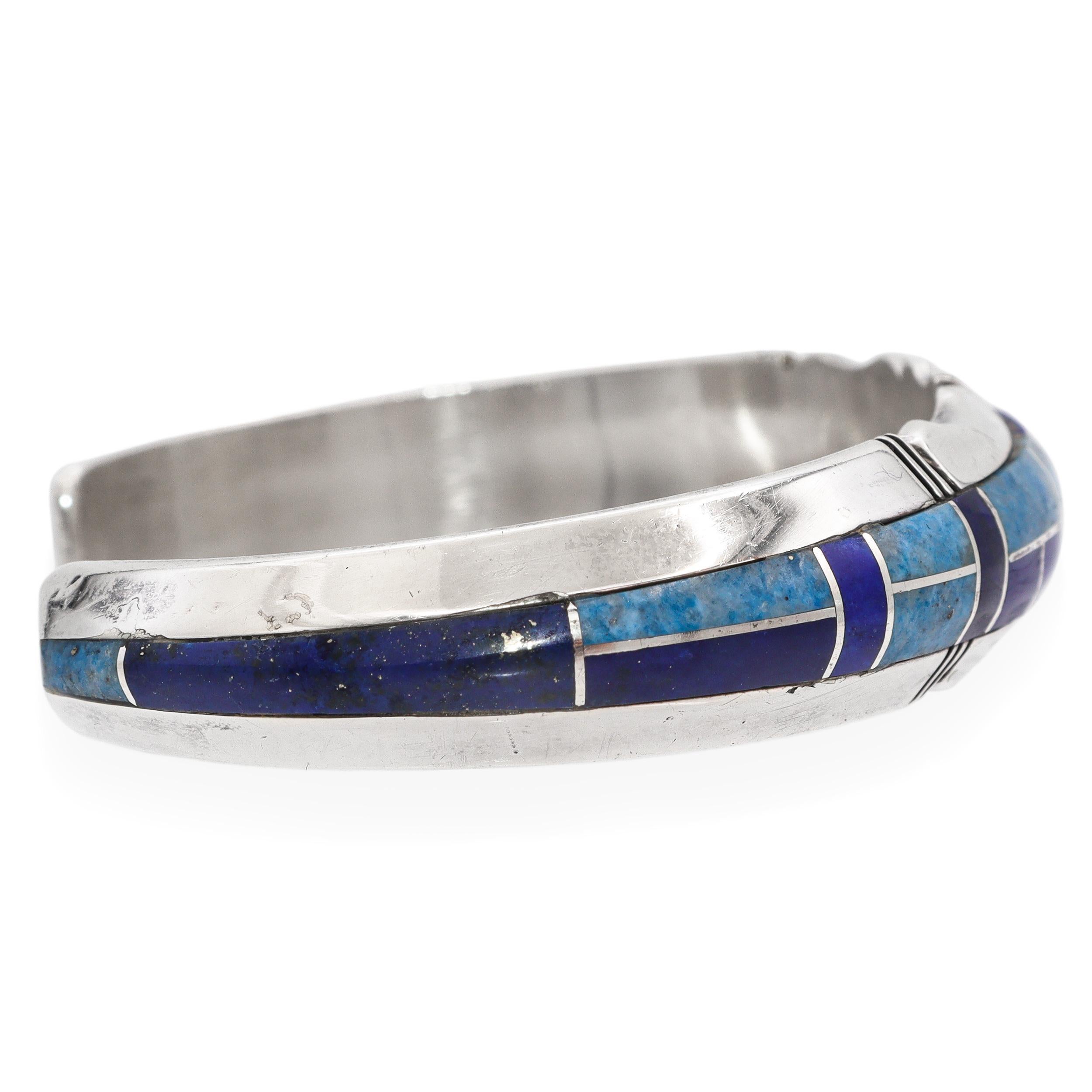 Vintage Navajo Gilbert Nelson Sterling Silver Multi-Stone Inlay Cuff Bracelet Unisexe en vente