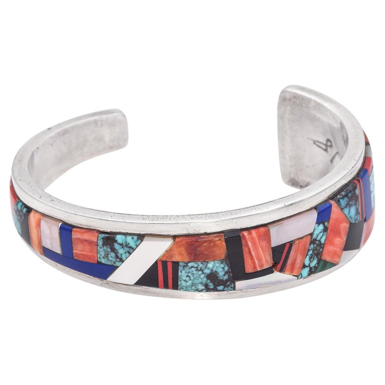 Vivid Inlay! Modernistic Navajo Yazzie Turquoise Sterling Native American Jewelry Silver Bracelet Cuff Vivid Inlay! Modernistic Navajo Yazzie Turquoise Sterling Native American Jewelry Silver Bracelet Cuff