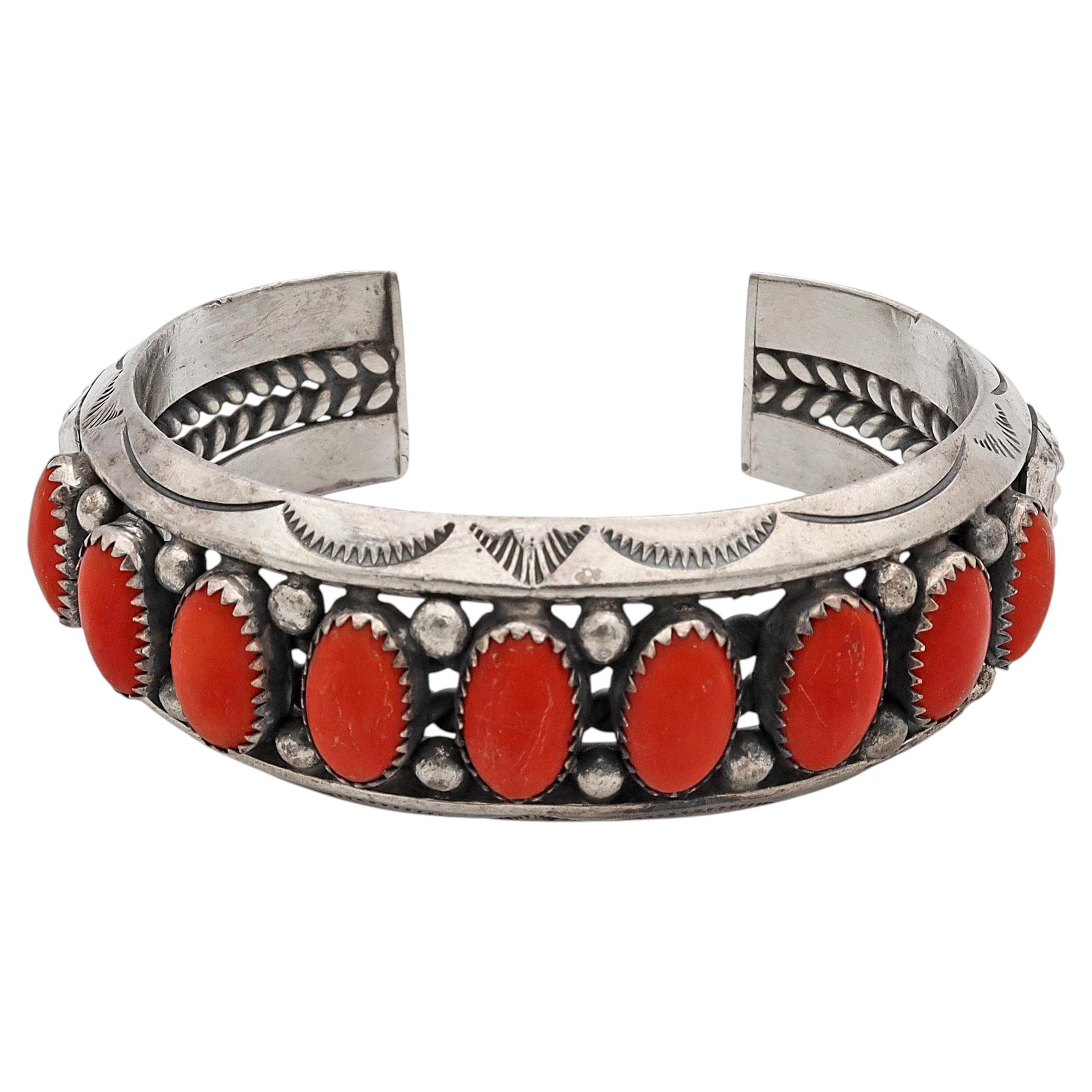 Vintage Navajo Howard S. Begay Sterling Silver Red Coral Cuff Bracelet