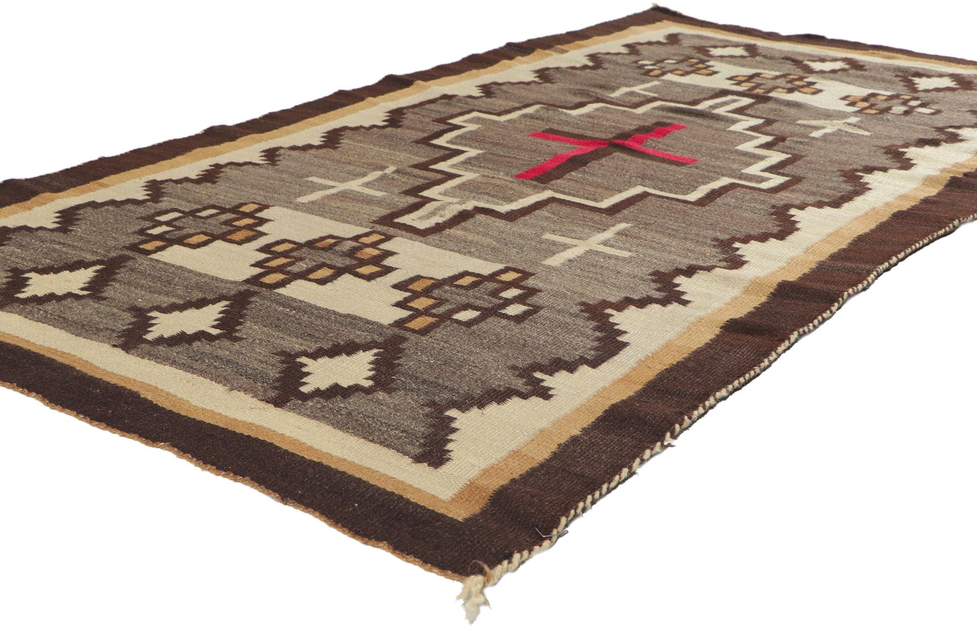 78351 Vintage Navajo Kilim Rug with Native American Style, 03'09 x 07'01. With its bold expressive design, incredible detail and texture, this hand-woven wool vintage Navajo Kilim rug is a captivating vision of woven beauty highlighting Native