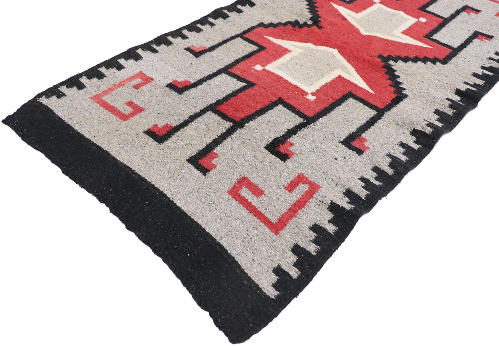 77767, vintage Navajo Kilim rug with Two Grey Hills style. With its bold expressive design, incredible detail and texture, this hand-woven wool vintage Navajo Kilim rug is a captivating vision of woven beauty highlighting Native American style with