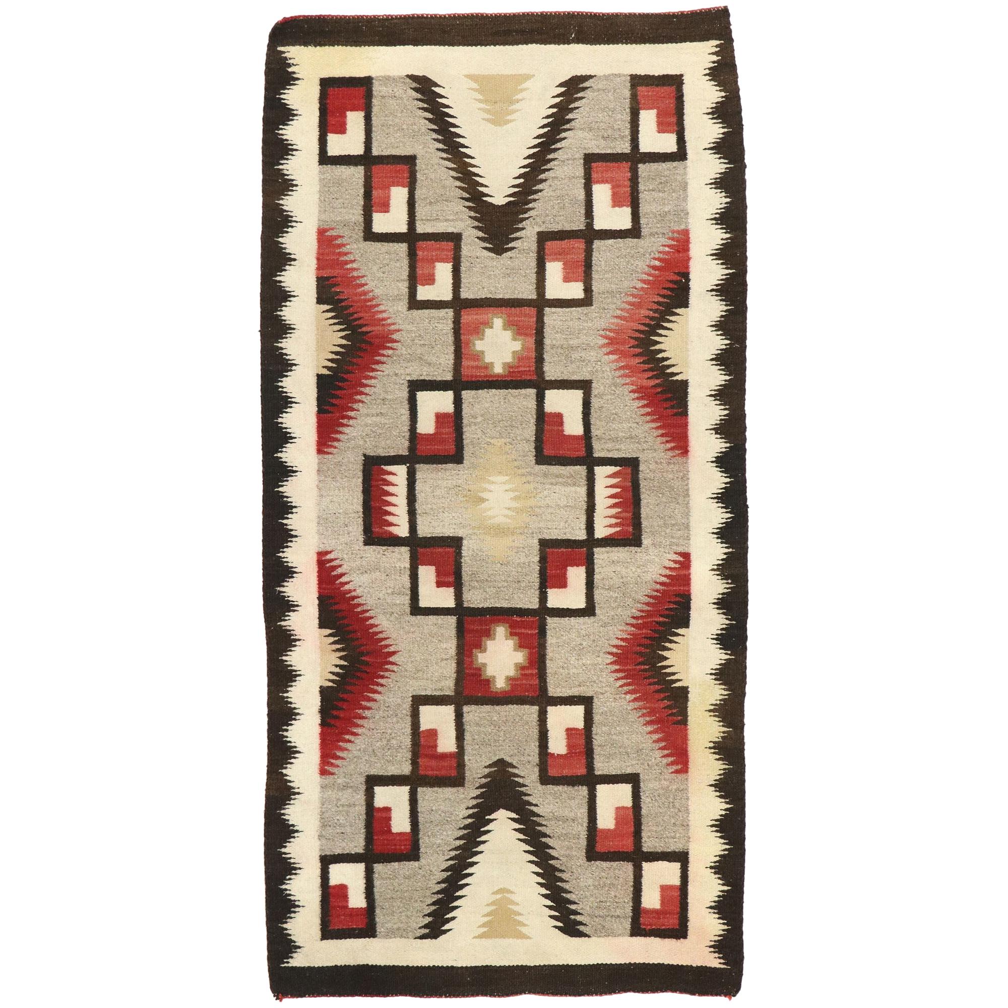 Vintage Navajo Kilim Rug with Two Grey Hills Style