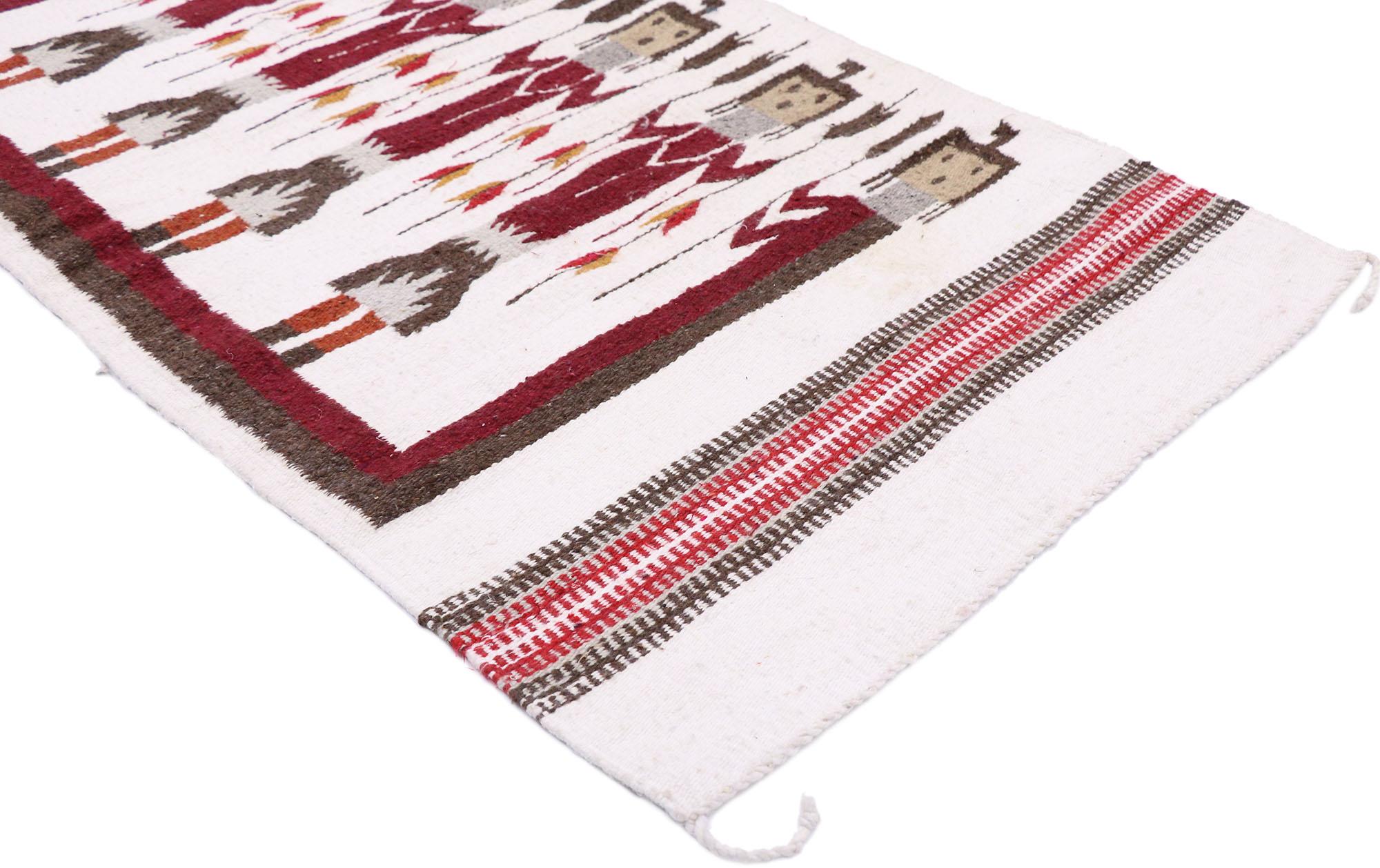 77771 Vintage Navajo Kilim Yeibichai rug with Southwestern Folk Art Style 02'07 x 05'03. Full of tiny details and a bold expressive design combined with neutral colors and tribal style, this hand-woven wool vintage Navajo kilim Yeibichai rug is a