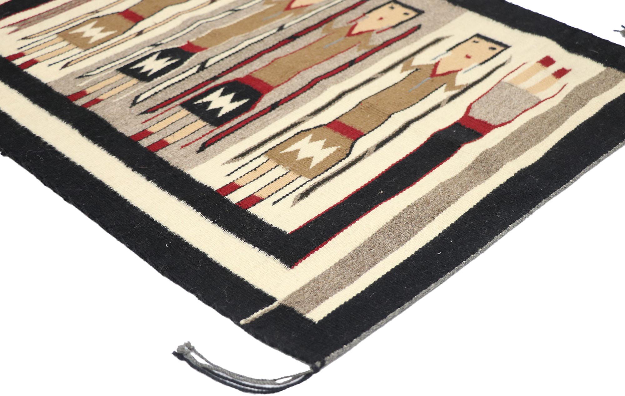 77871 Vintage Navajo Kilim Yeibichai rug with Southwestern Folk Art Style 02'01 x 02'10. Full of tiny details and a bold expressive design combined with neutral colors and tribal style, this hand-woven wool vintage Navajo Kilim Yeibichai rug is a