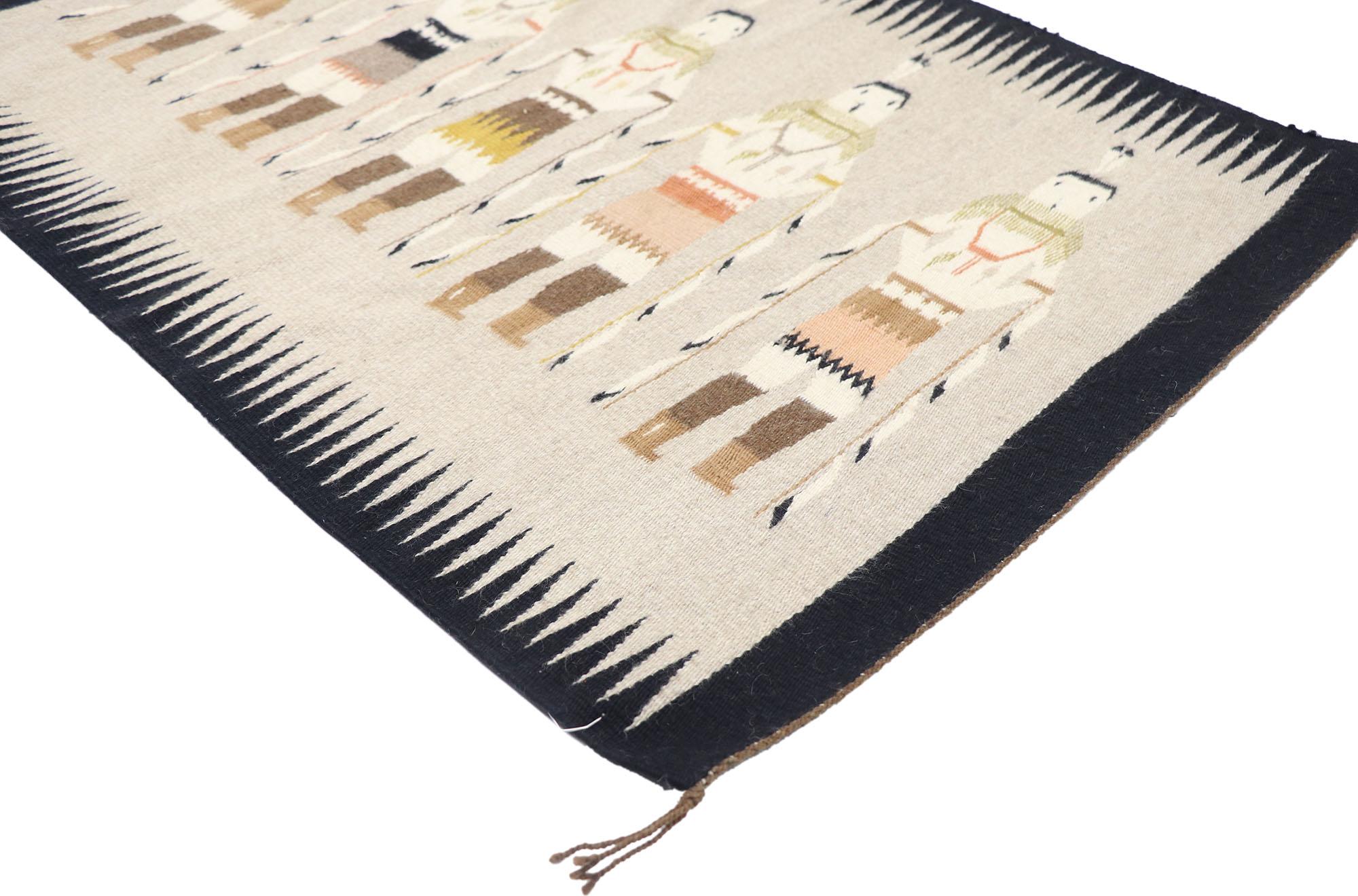 77870 Vintage Navajo Kilim Yeibichai rug with Southwestern Folk Art Style 02'05 x 03'04. Full of tiny details and a bold expressive design combined with neutral colors and tribal style, this hand-woven wool vintage Navajo kilim Yeibichai rug is a