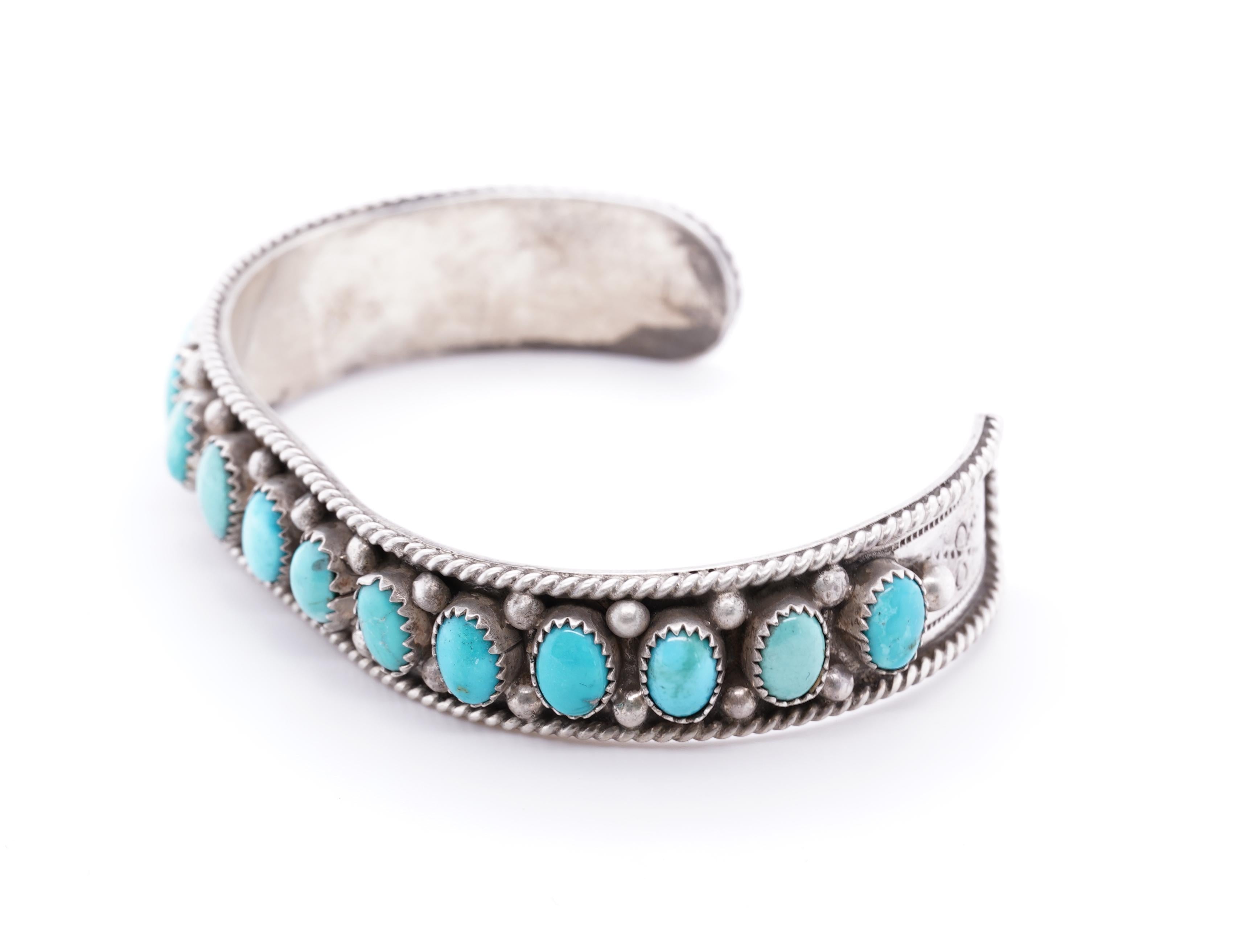 Oval Cut Vintage Navajo Kingman Bright Blue Green Oval Turquoise Sterling Bracelet Cuff