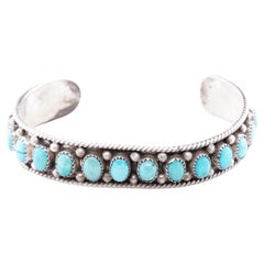 Manchette vintage Navajo Kingman en argent sterling, bleu vif, vert et turquoise ovale