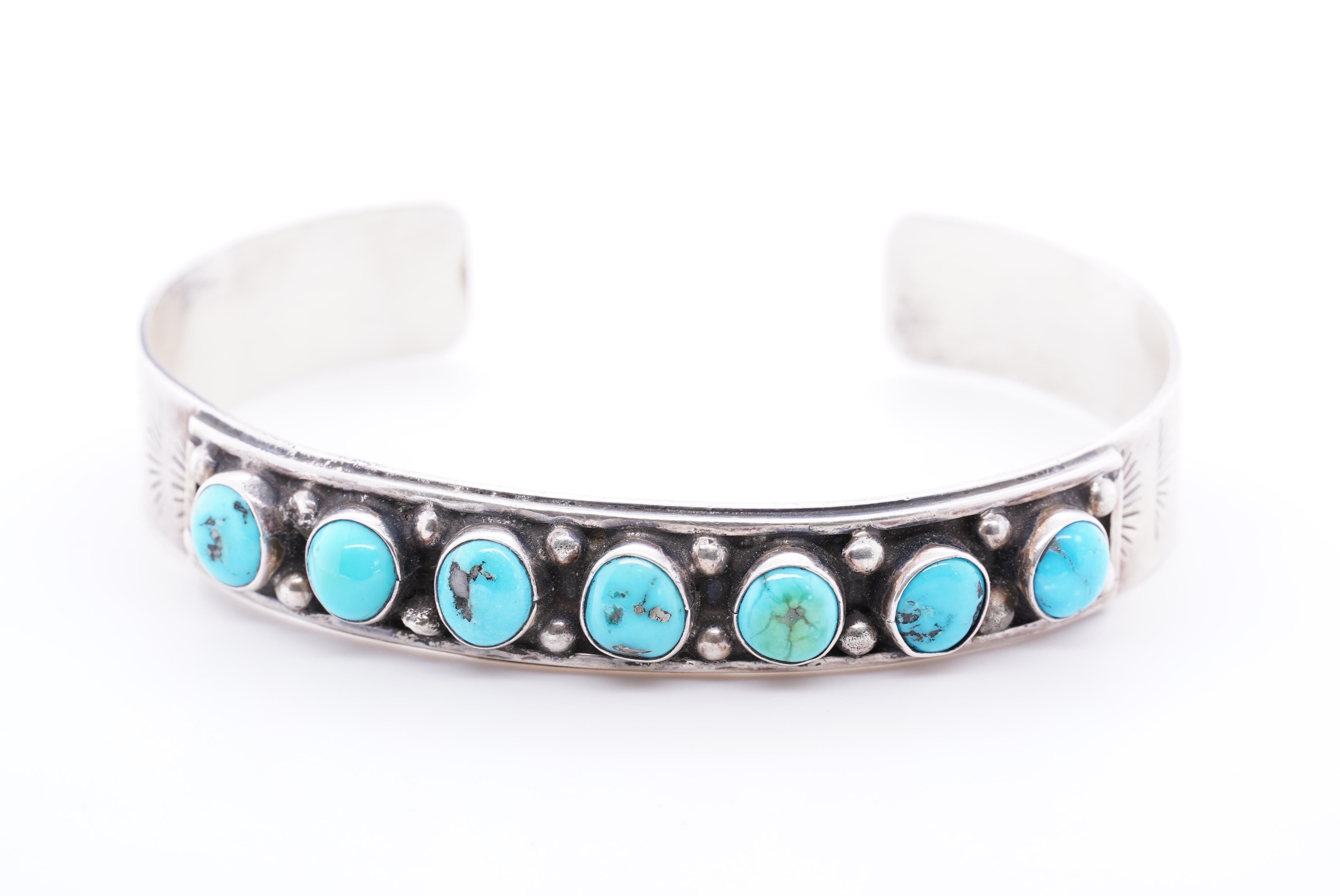 Native American Vintage Navajo Kingman Bright Blue Round Turquoise Sterling Silver Cuff Bracelet