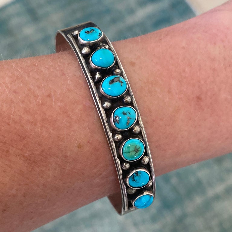 Vintage Navajo Kingman Bright Blue Round Turquoise Sterling Silver Cuff ...