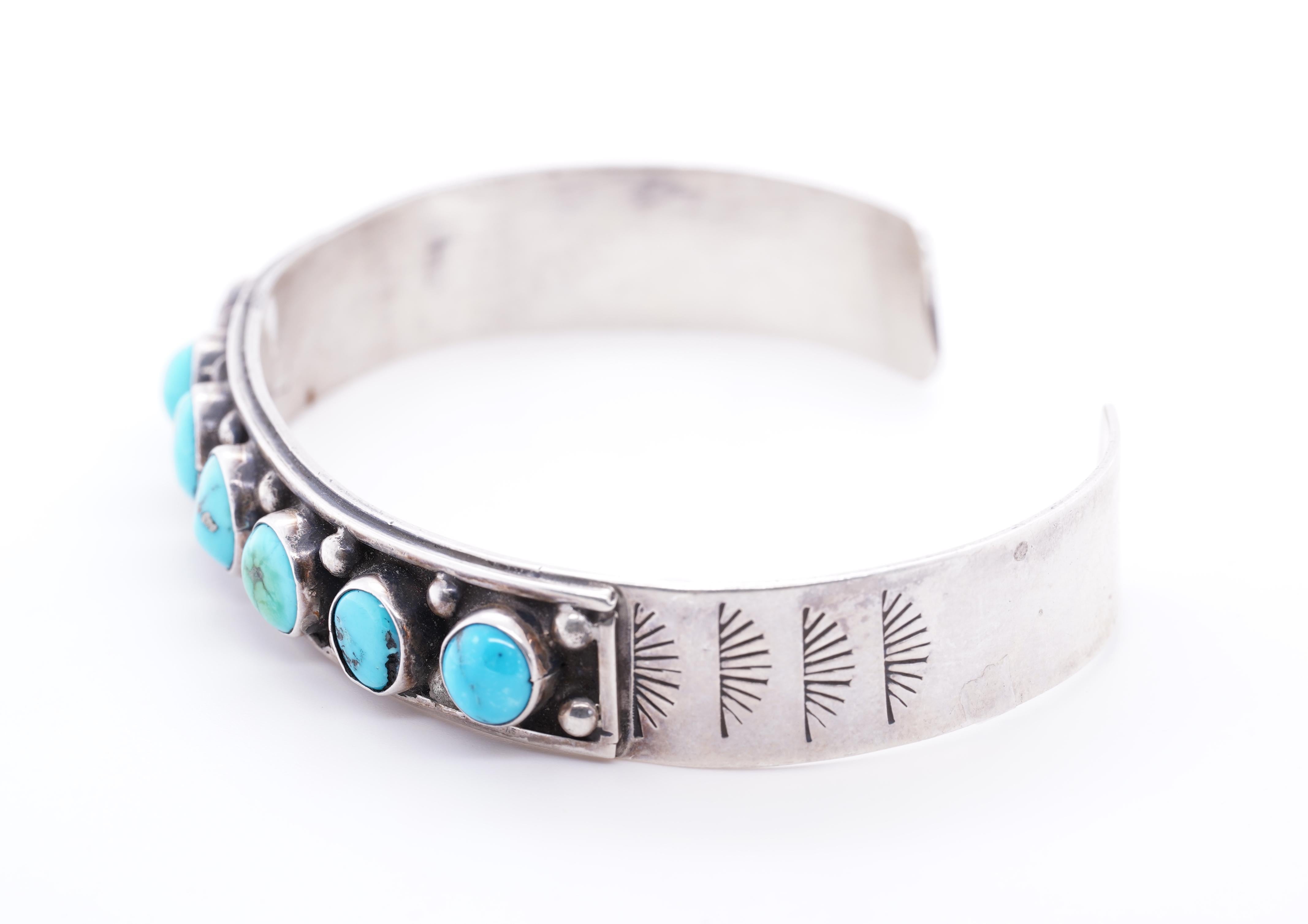 Vintage Navajo Kingman Bright Blue Round Turquoise Sterling Silver Cuff Bracelet 1