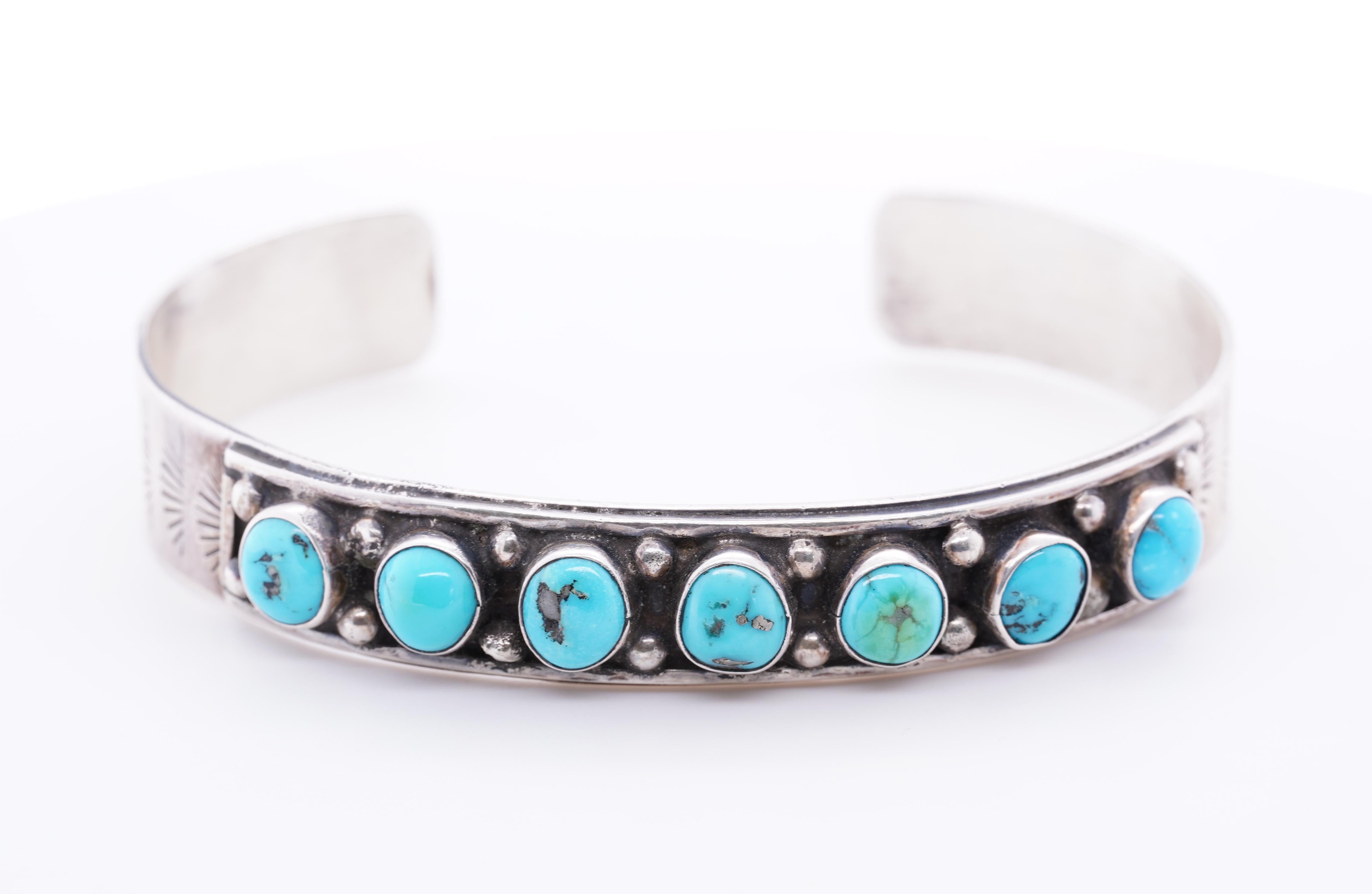 Vintage Navajo Kingman Bright Blue Round Turquoise Sterling Silver Cuff Bracelet 2