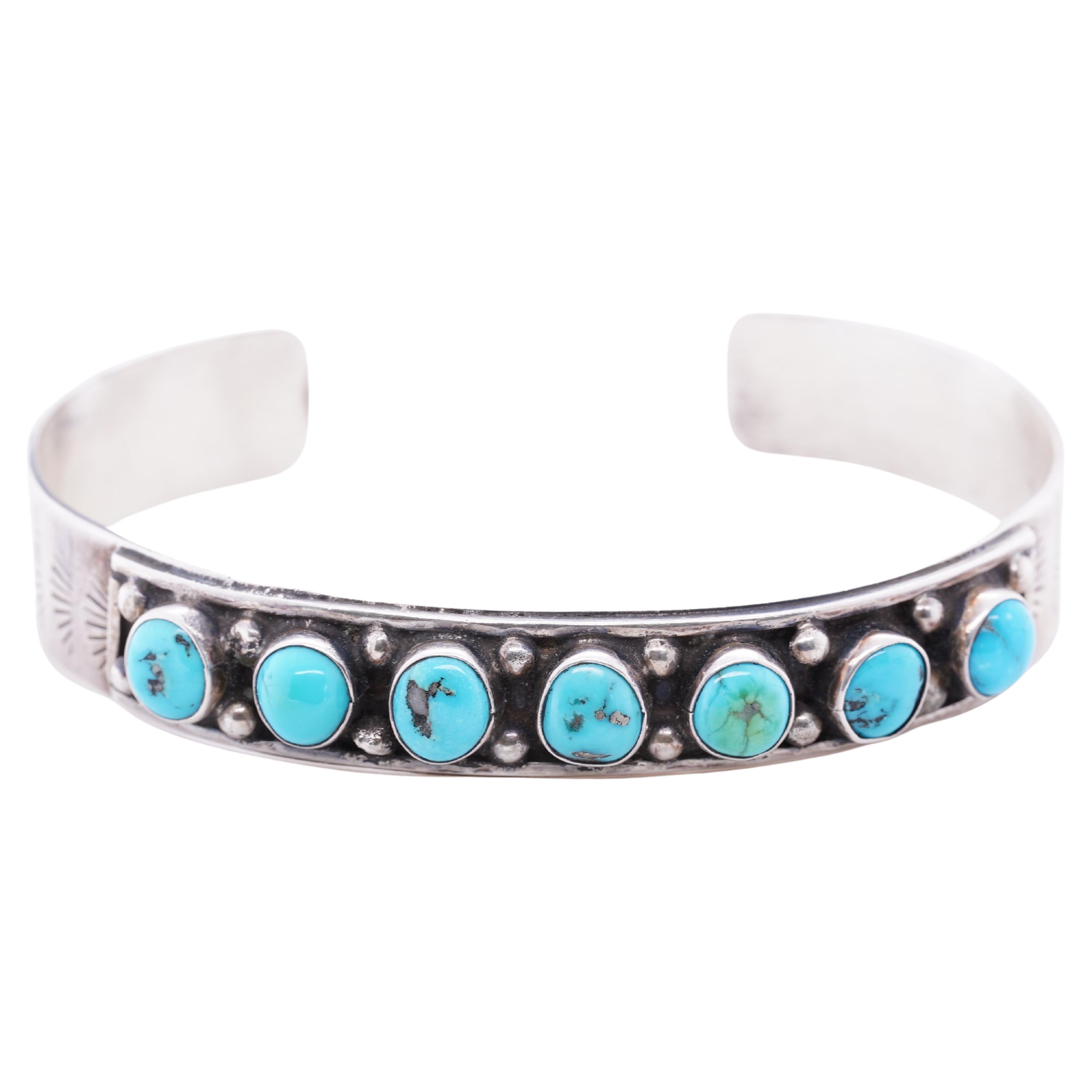 Vintage Navajo Kingman Bright Blue Round Turquoise Sterling Silver Cuff Bracelet
