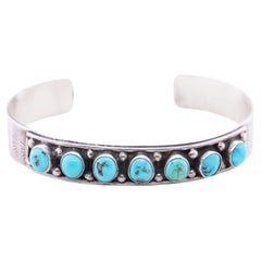 Bracelet manchette vintage Navajo Kingman en argent sterling avec turquoise ronde bleu vif