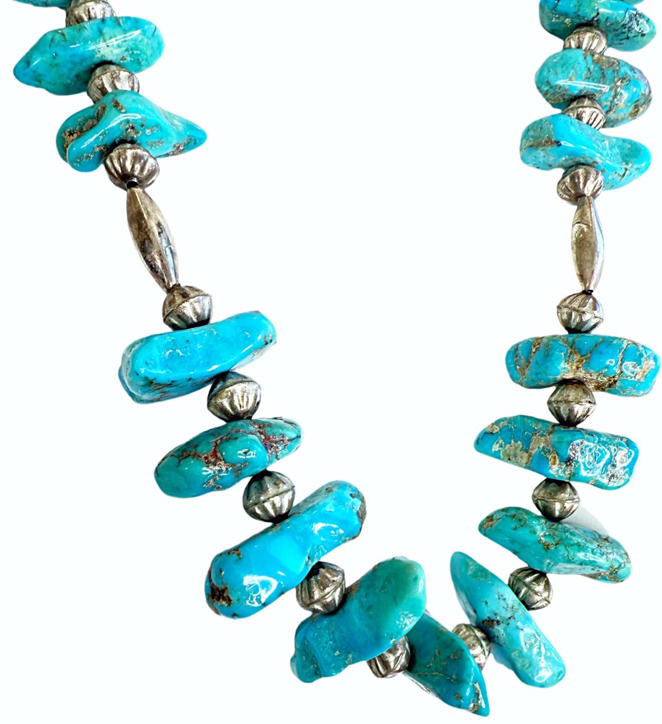 Collar largo Vintage Navajo Kingman Turquesa Nugget Cuentas de plata de ley 117g en venta 6