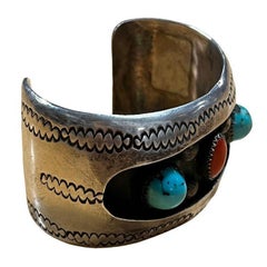 Vintage Navajo KY Sterling Silver Turquoise Coral Cuff Bracelet