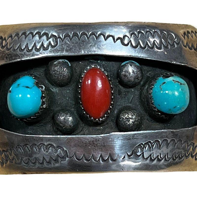 American Vintage Navajo KY Sterling Silver Turquoise Coral Cuff Bracelet For Sale