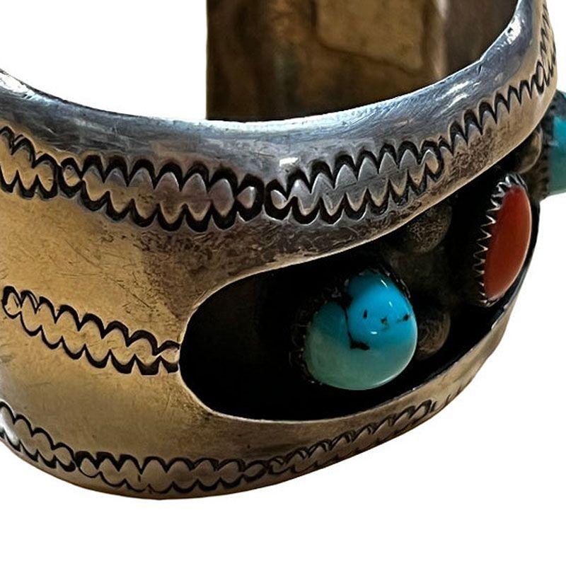 Vintage Navajo KY Sterling Silver Turquoise Coral Cuff Bracelet For Sale 1