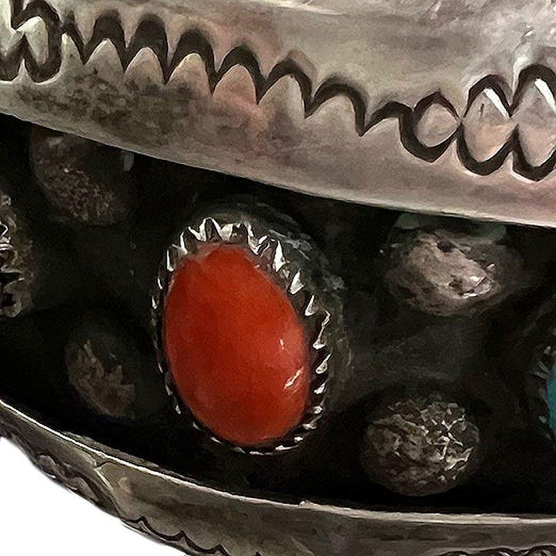 Vintage Navajo KY Sterling Silver Turquoise Coral Cuff Bracelet For Sale 2