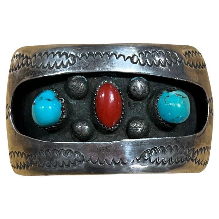 Vintage Navajo KY Sterling Silver Turquoise Coral Cuff Bracelet