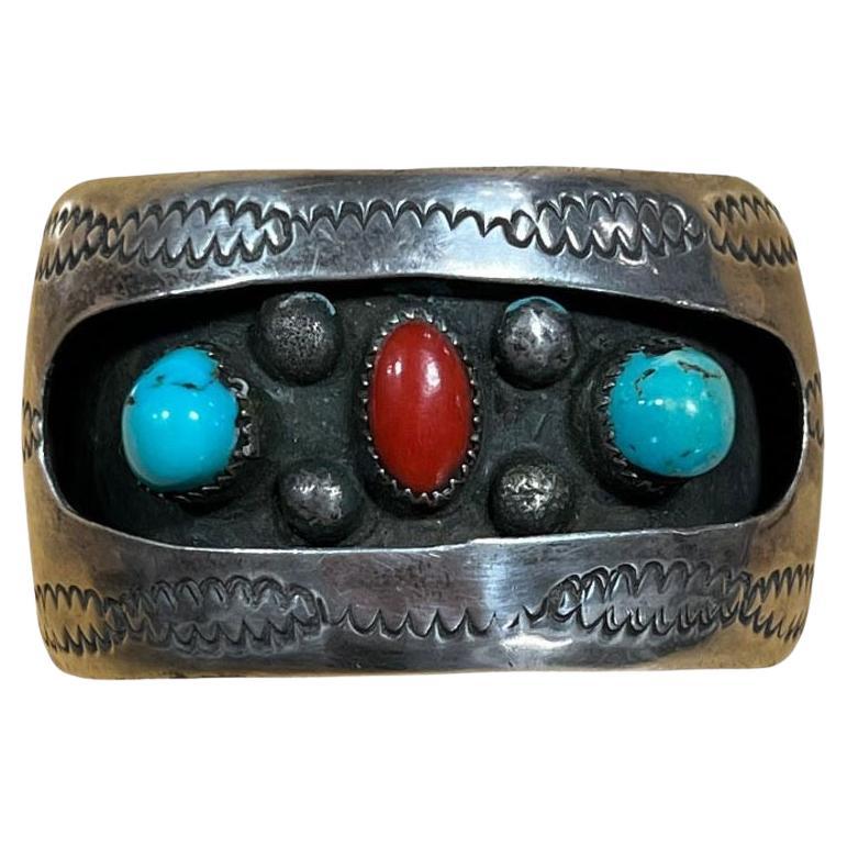 Vintage Navajo KY Sterling Silver Turquoise Coral Cuff Bracelet For Sale