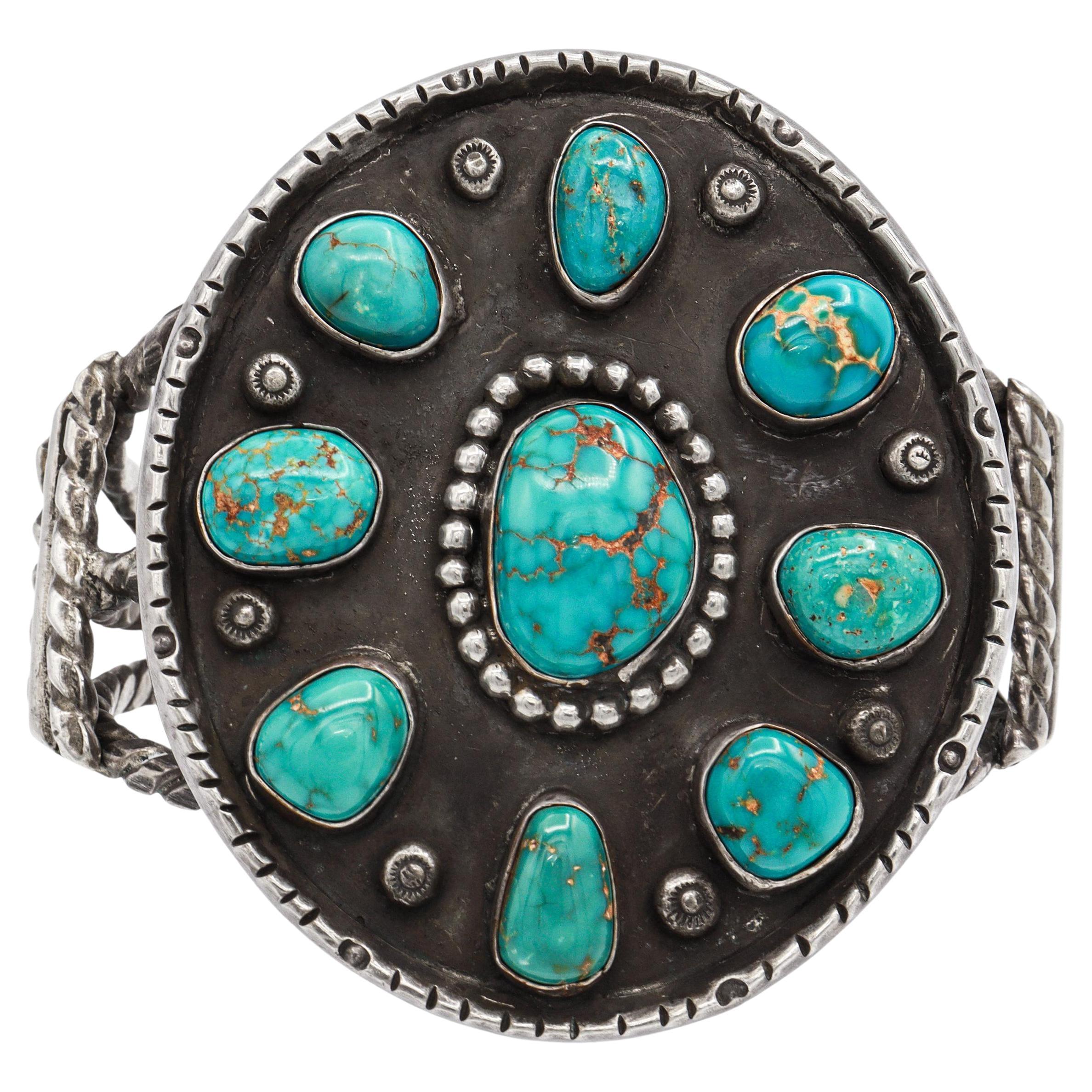 Vintage Navajo Large Turquoise Cluster Sterling Silver Cuff Bracelet