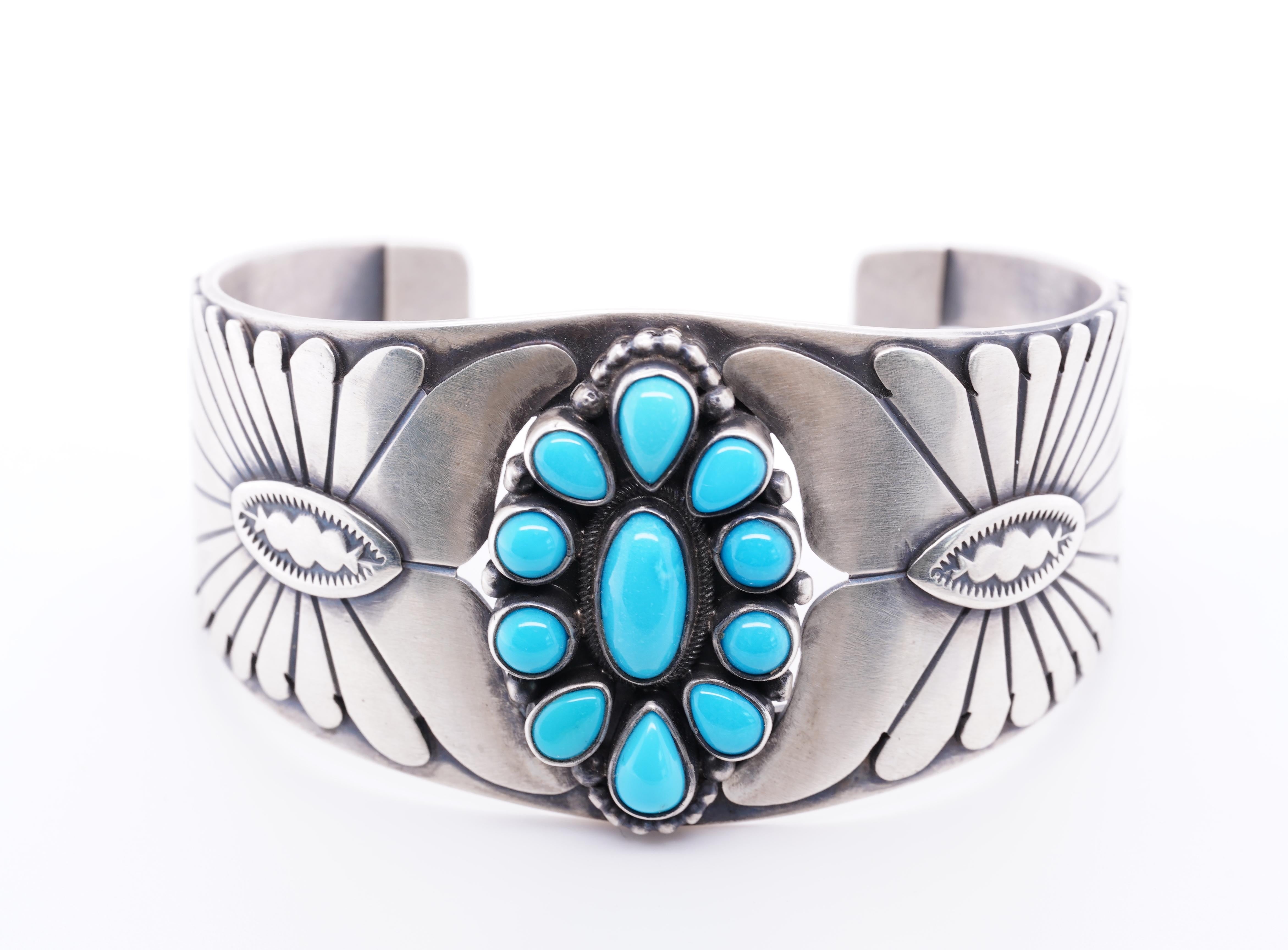 Native American Vintage Navajo Mark Yazzie Sleeping Beauty Turquoise Sterling Silver Cuff