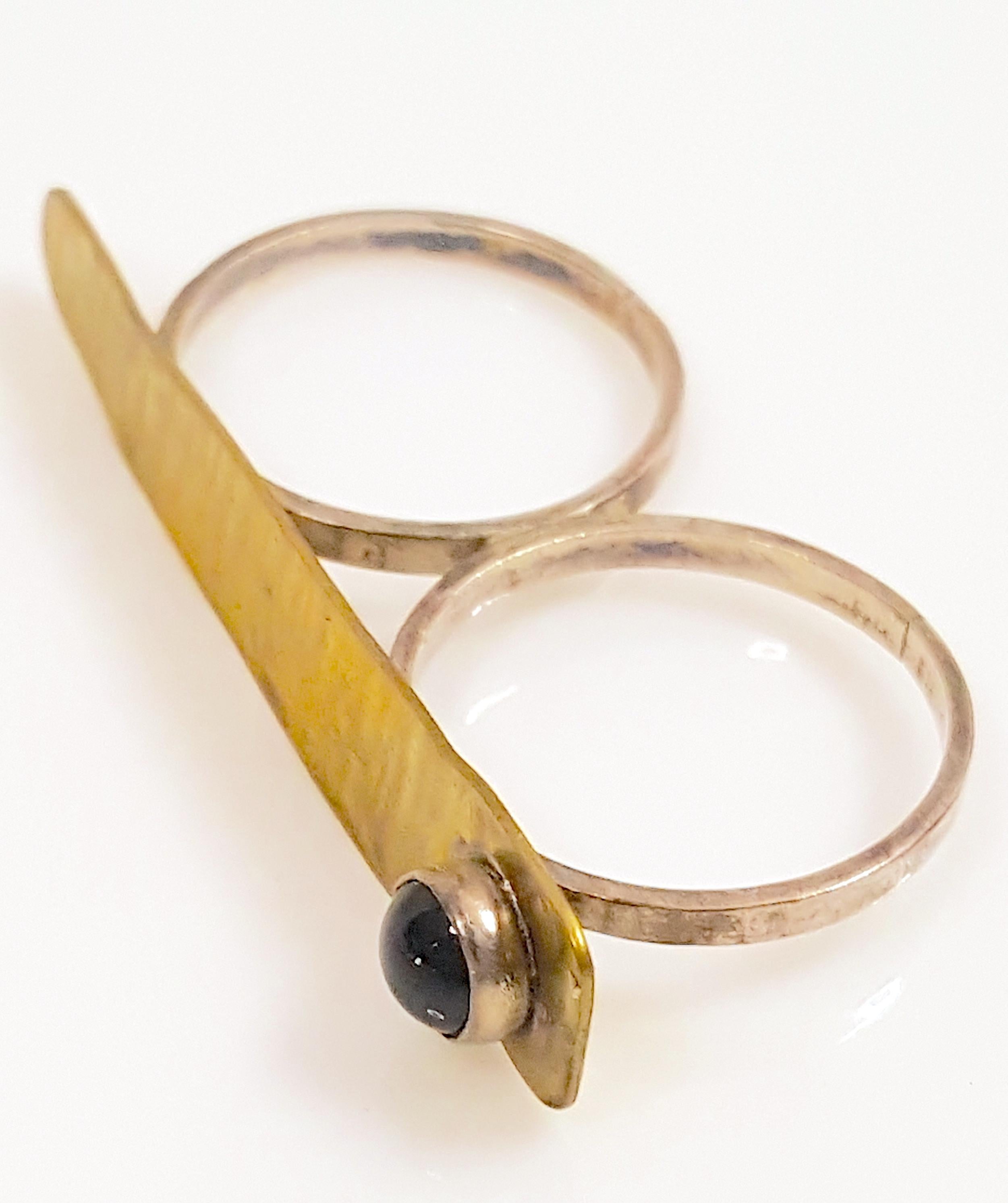 Women's or Men's Vintage Navajo Modern BezelSetOnyx GoldFilledTop DoubleSilverBand Solitaire Ring For Sale