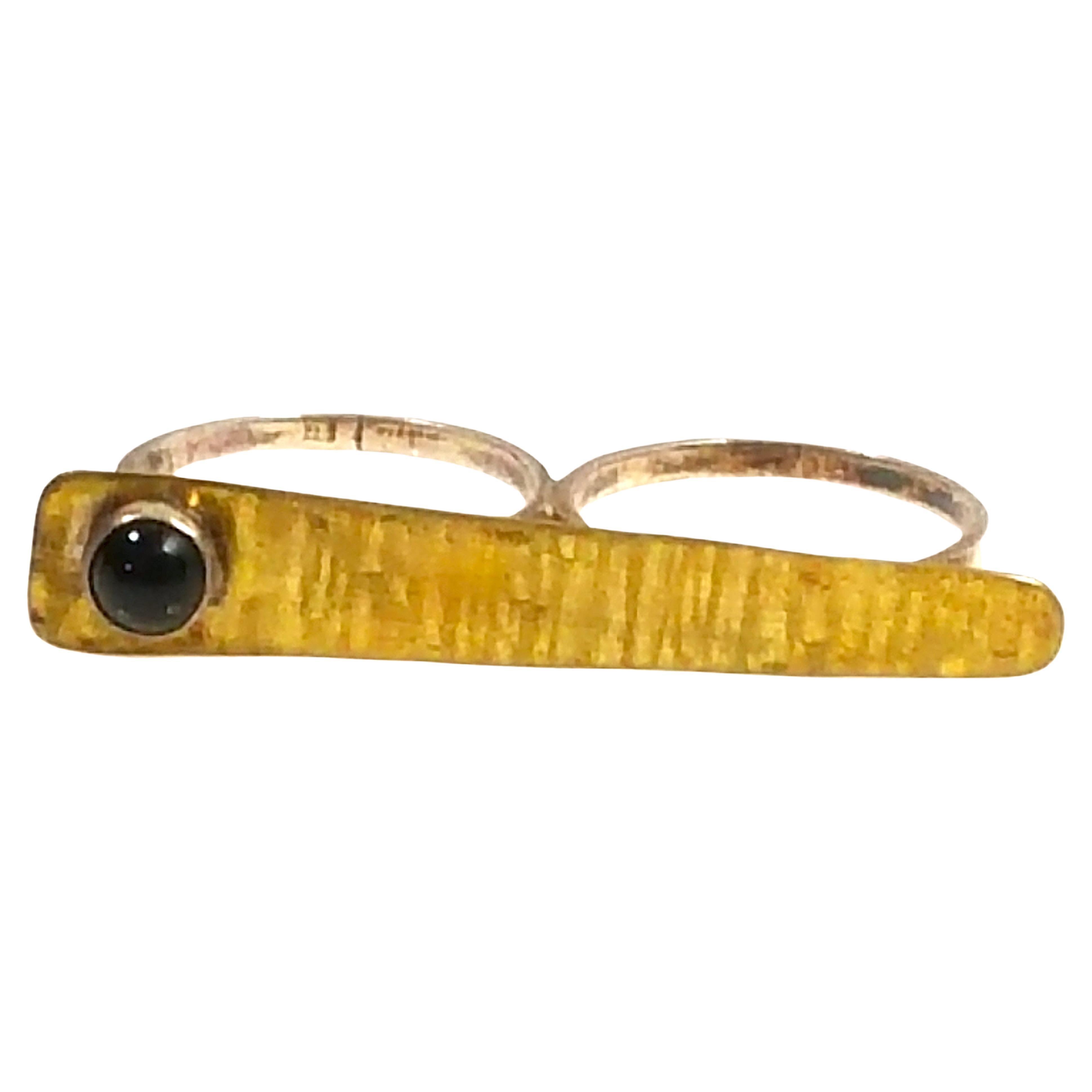Vintage Navajo Modern BezelSetOnyx GoldFilledTop DoubleSilverBand Solitaire Ring For Sale