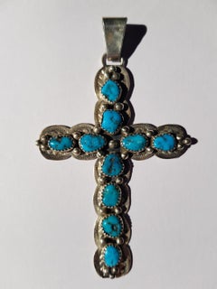 Vintage Navajo Native American Kingman Turquoise Sterling Silver Cross Pendant