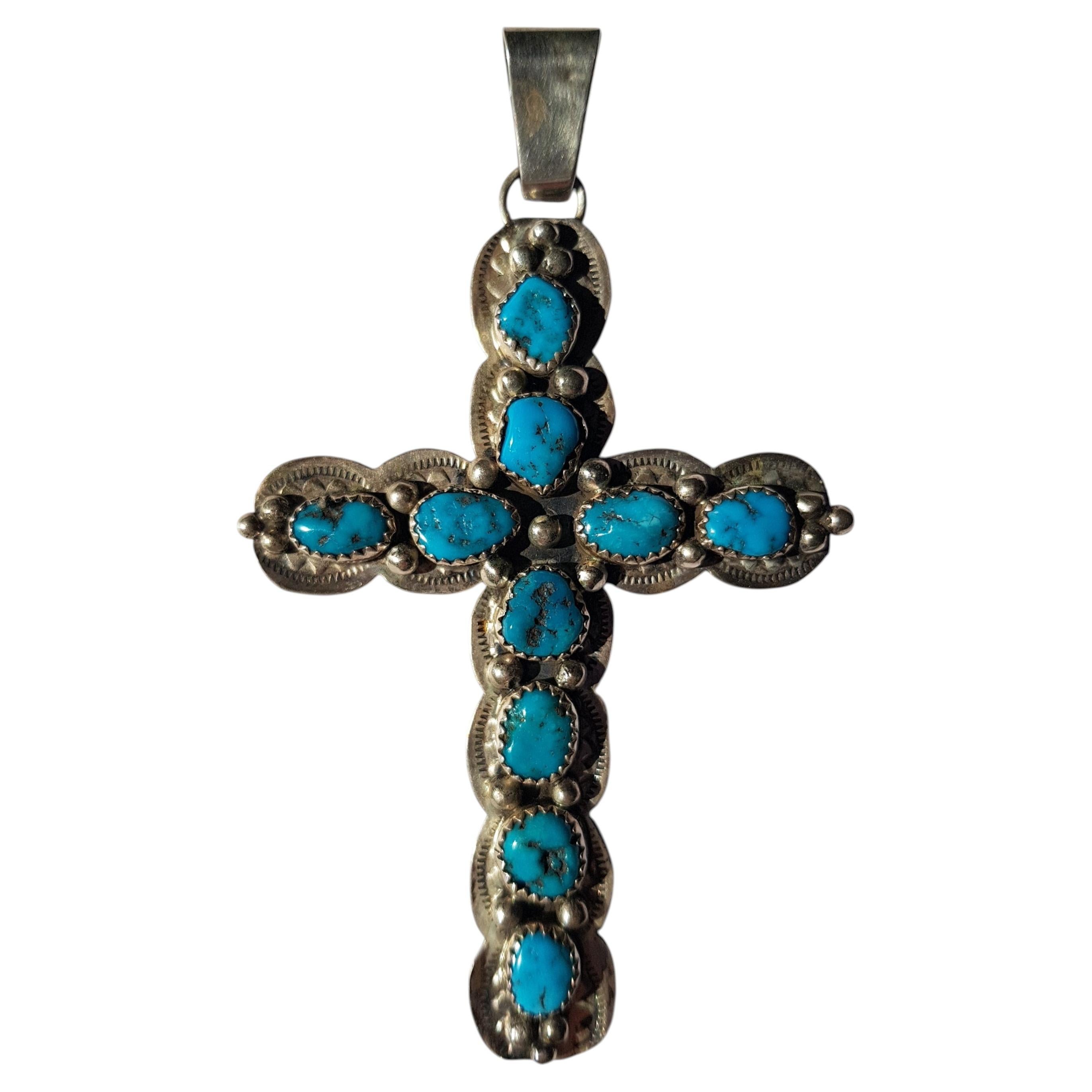 Ciondolo a forma di croce in argento sterling con turchese Kingman, Navajo, nativo americano, vintage.