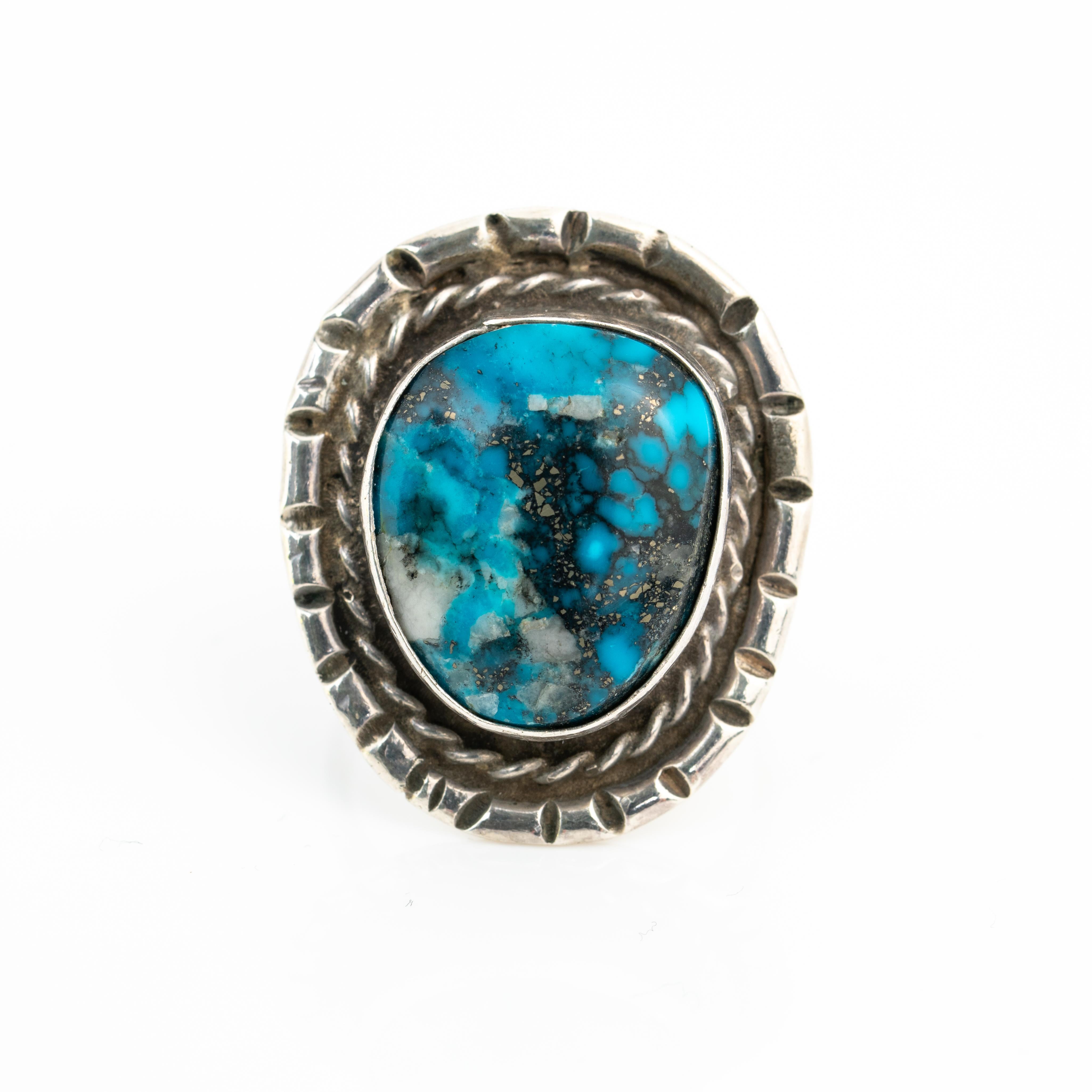 Cabochon Vintage Navajo Native American Silver and Apache Blue Turquoise Ring