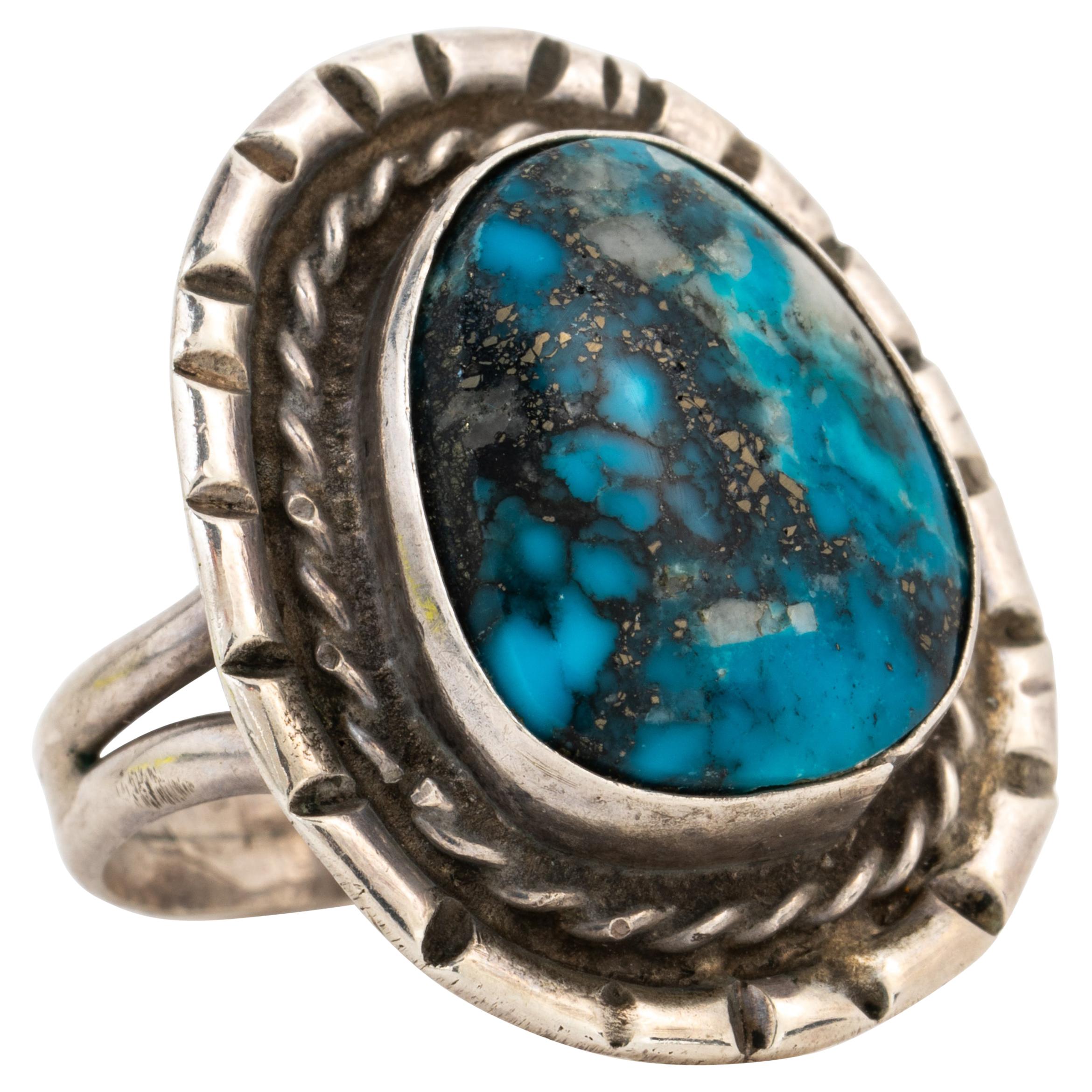 Vintage Navajo Native American Silver and Apache Blue Turquoise Ring For  Sale at 1stDibs