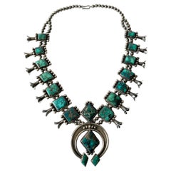 Retro Navajo Native American Silver Natural Turquoise Squash Blossom Necklace