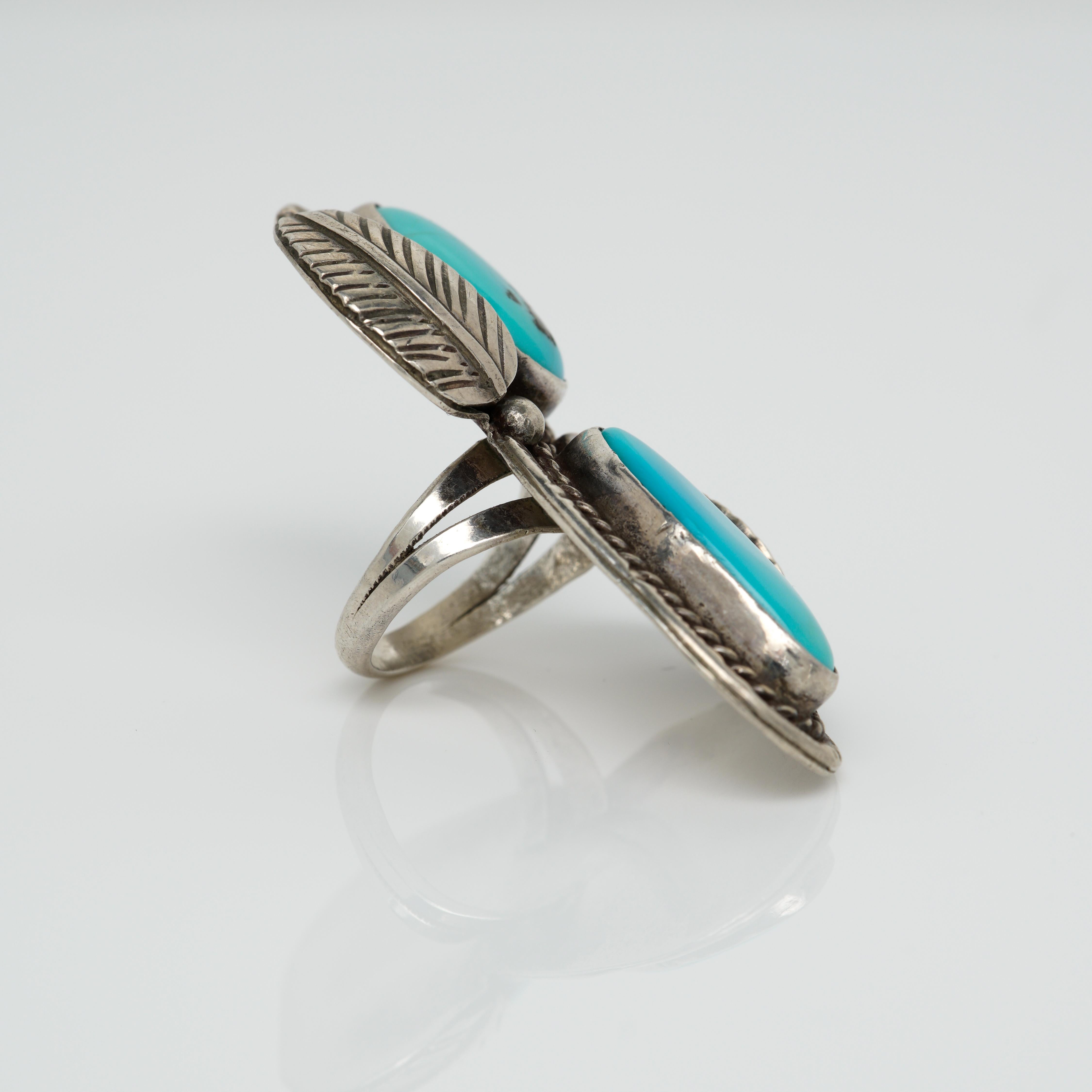 Vintage Navajo Native American Silver Sleeping Beauty Turquoise Statement Ring In Excellent Condition In New York, NY