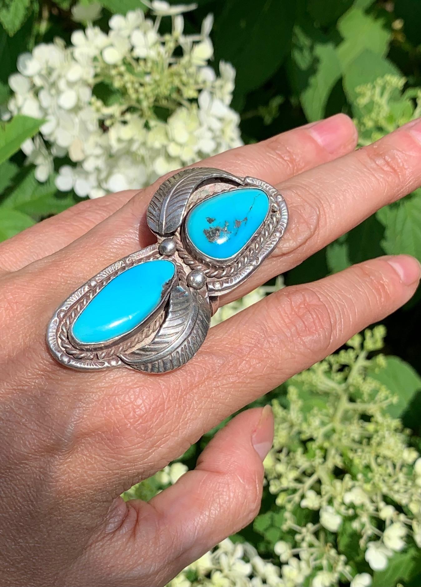 Vintage Navajo Native American Silver Sleeping Beauty Turquoise Statement Ring 1