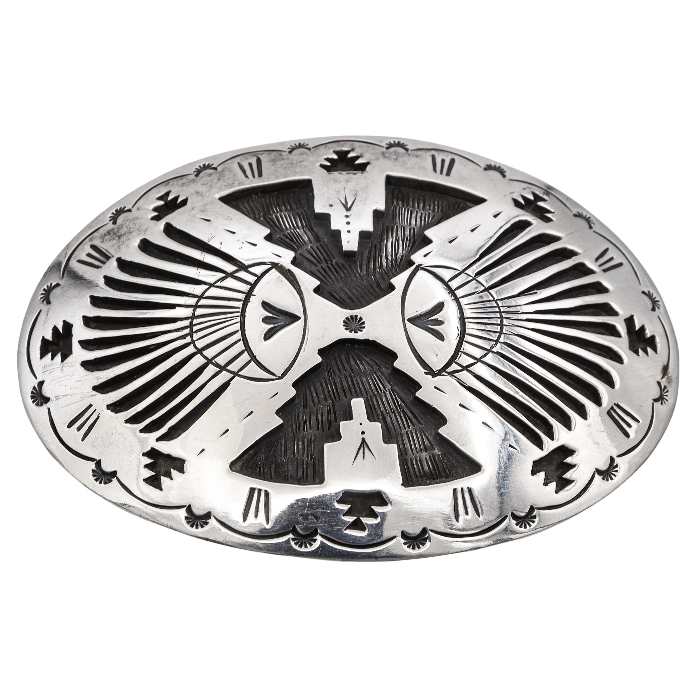 Vintage Navajo Native American Sterling Silver Stamped Oval Belt Buckle (Fibbia da cintura ovale stampata)