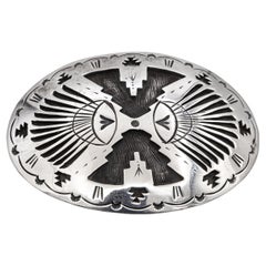 Vintage Navajo Native American Sterling Silver Stamped Oval Belt Buckle