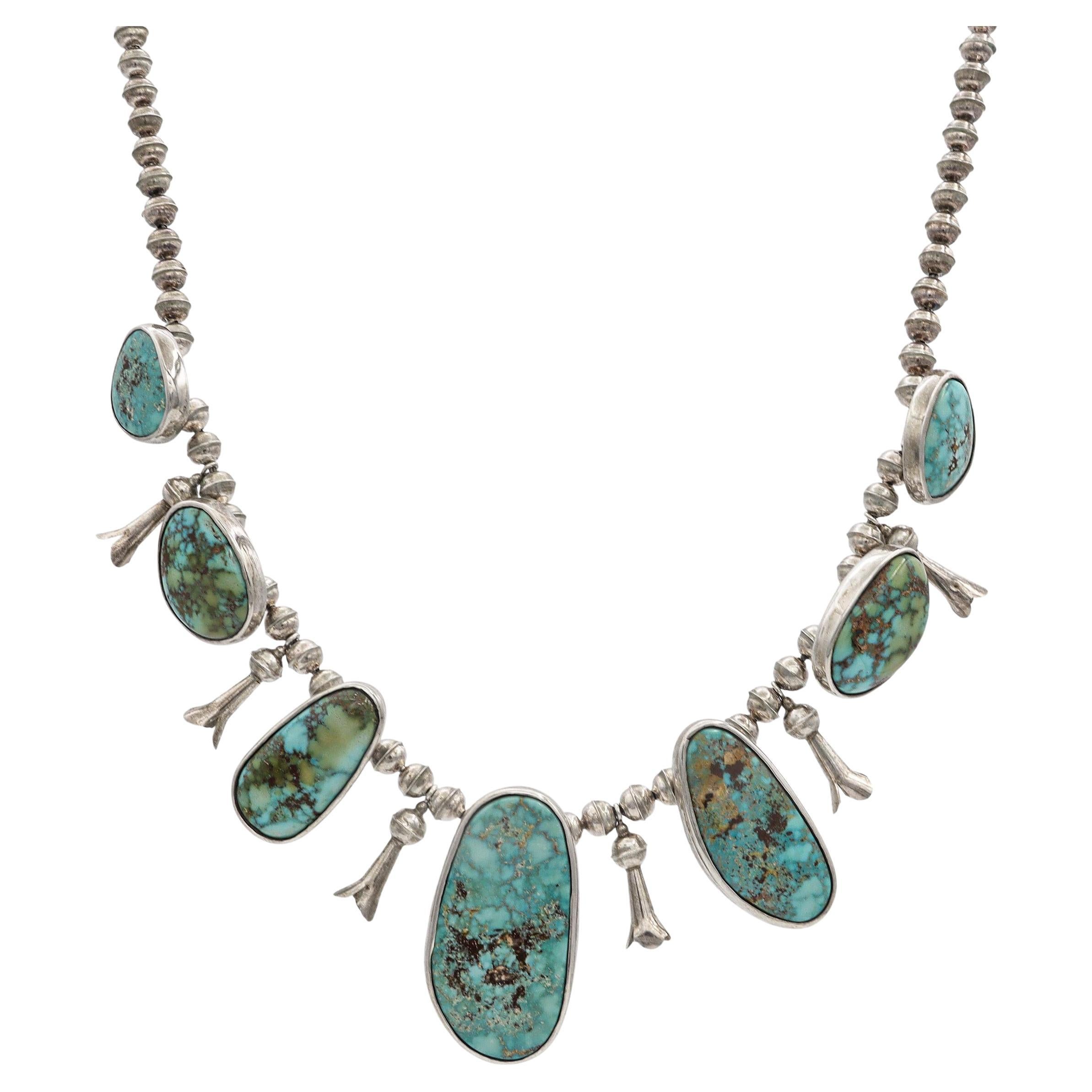 Vintage Navajo Native American Sterling Silver Collana con fiori di squash in turchese